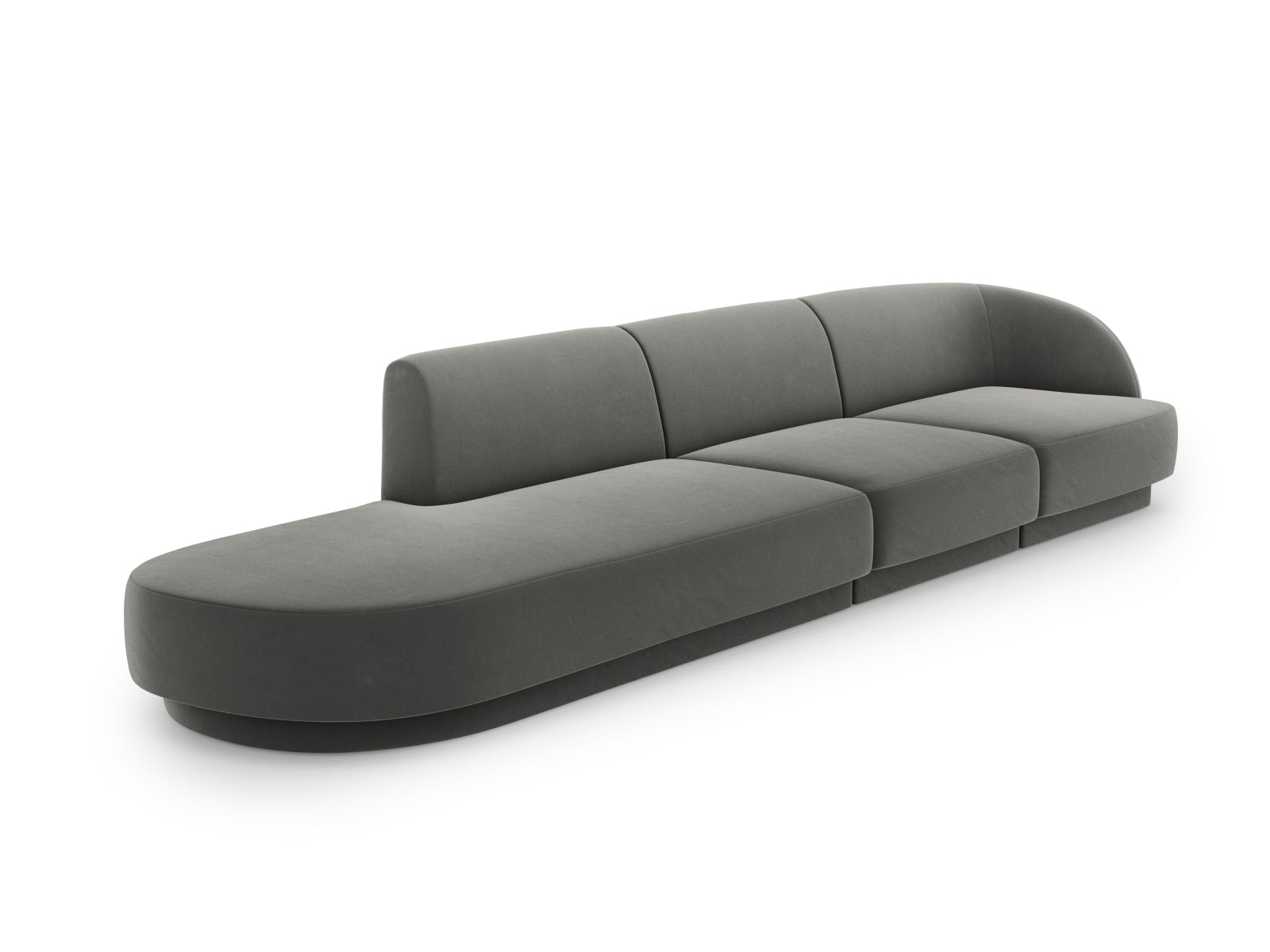 Elegantes Miley Velour Sofa links, 4-Sitzer in sanftem Light Grey-Bluvel, ideal für stilvolle Wohnräume, präsentiert von Micadoni.