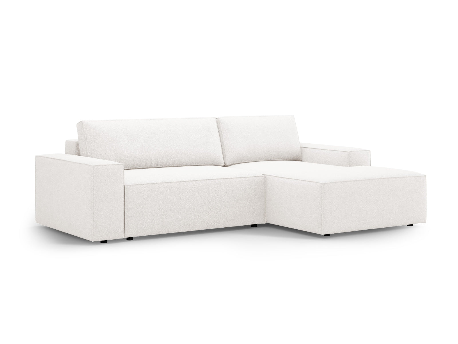 Modernes Jodie Boucle Ecksofa in sanften Farben, bietet Komfort und Funktionalität mit Schlaffunktion und integriertem Stauraum.