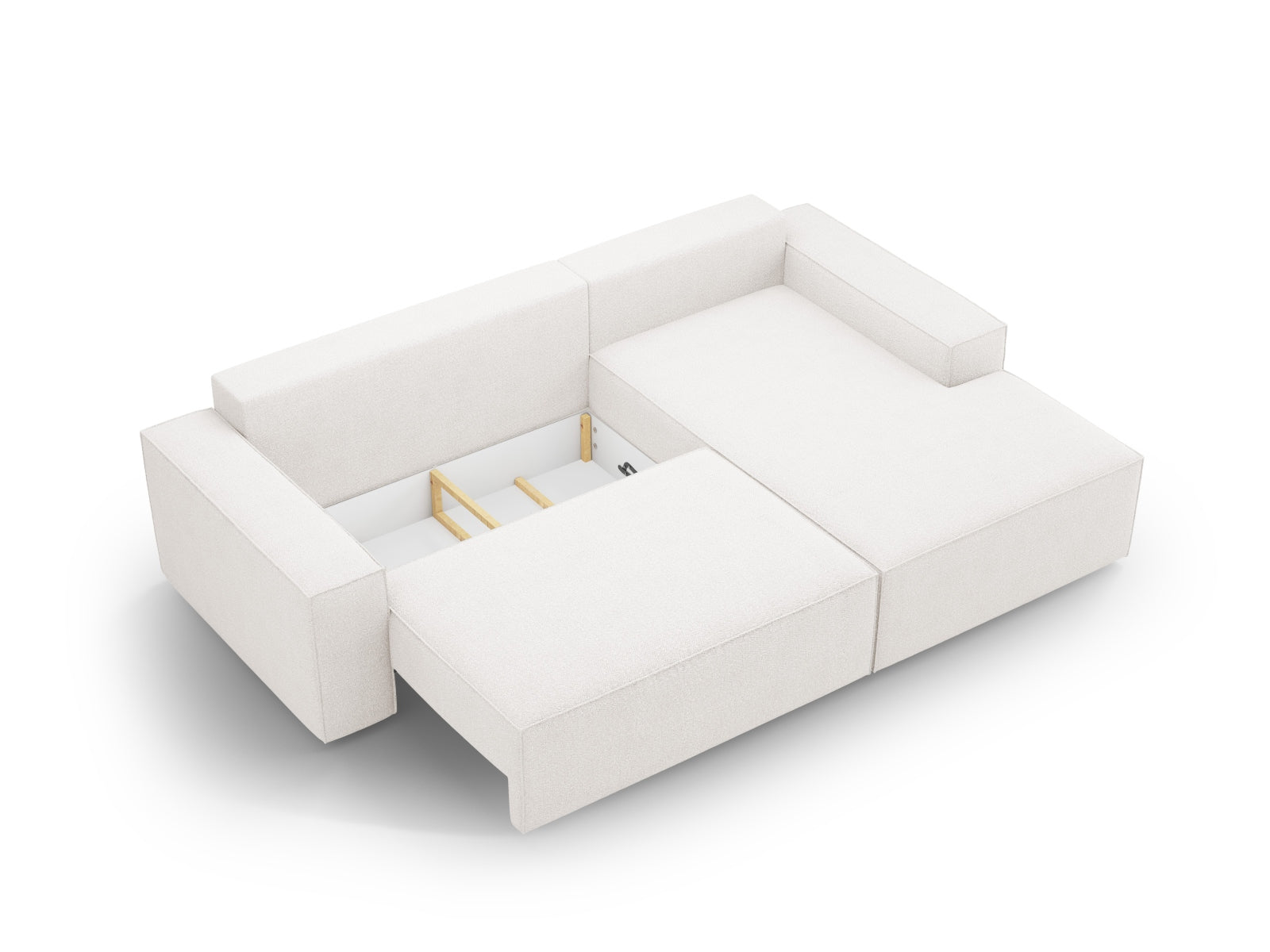 Erleben Sie das Jodie Boucle Ecksofa rechts von Micadoni – ein elegantes 3-Sitzer Sofa mit innovativer Schlaffunktion und praktischer Stauraumbox für mehr Komfort und Ordnung.