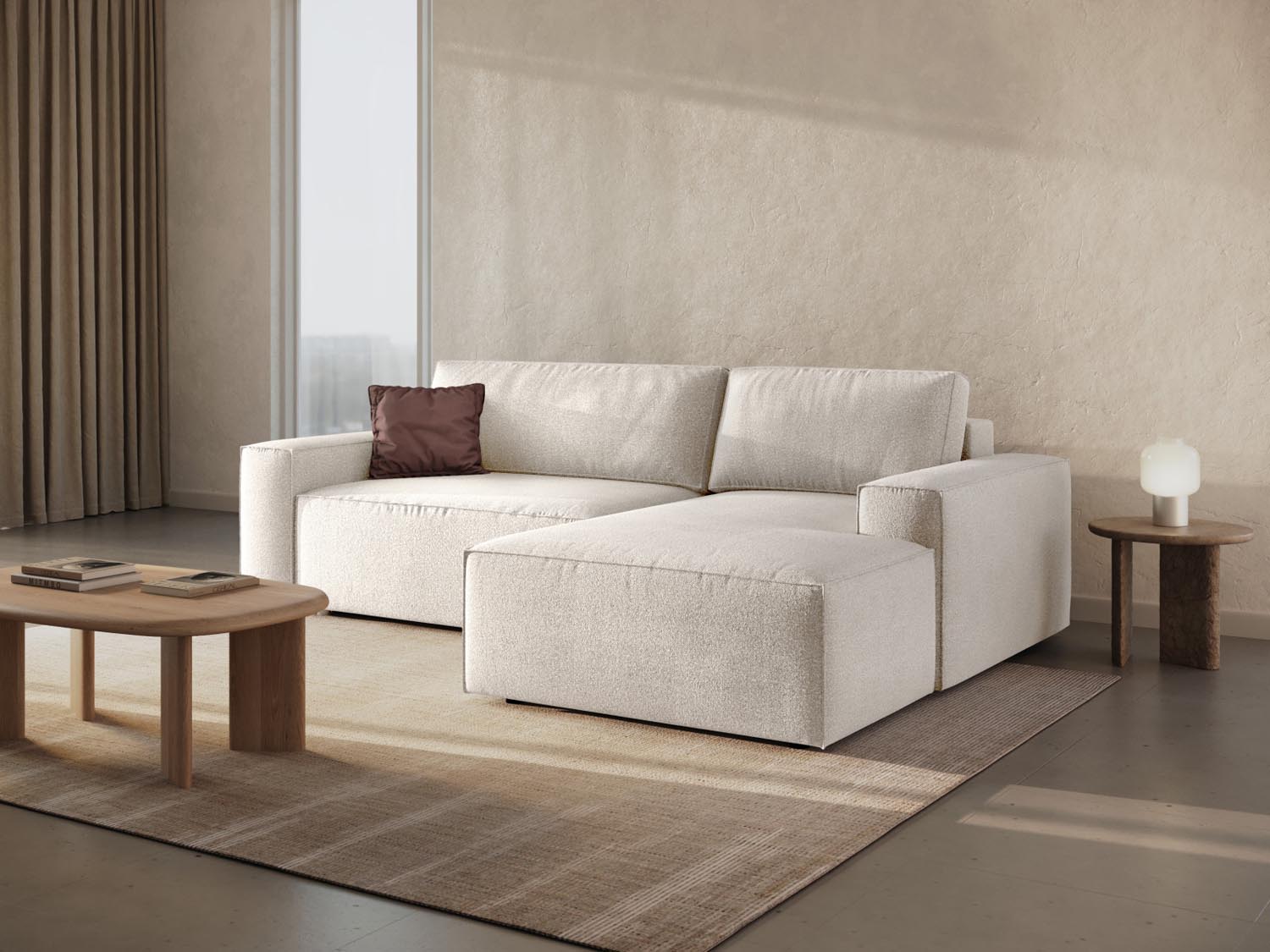 Elegantes Jodie Boucle Ecksofa in hellem Design, ideal für stilvolle Wohnräume, mit praktischer Schlaffunktion und Stauraum.