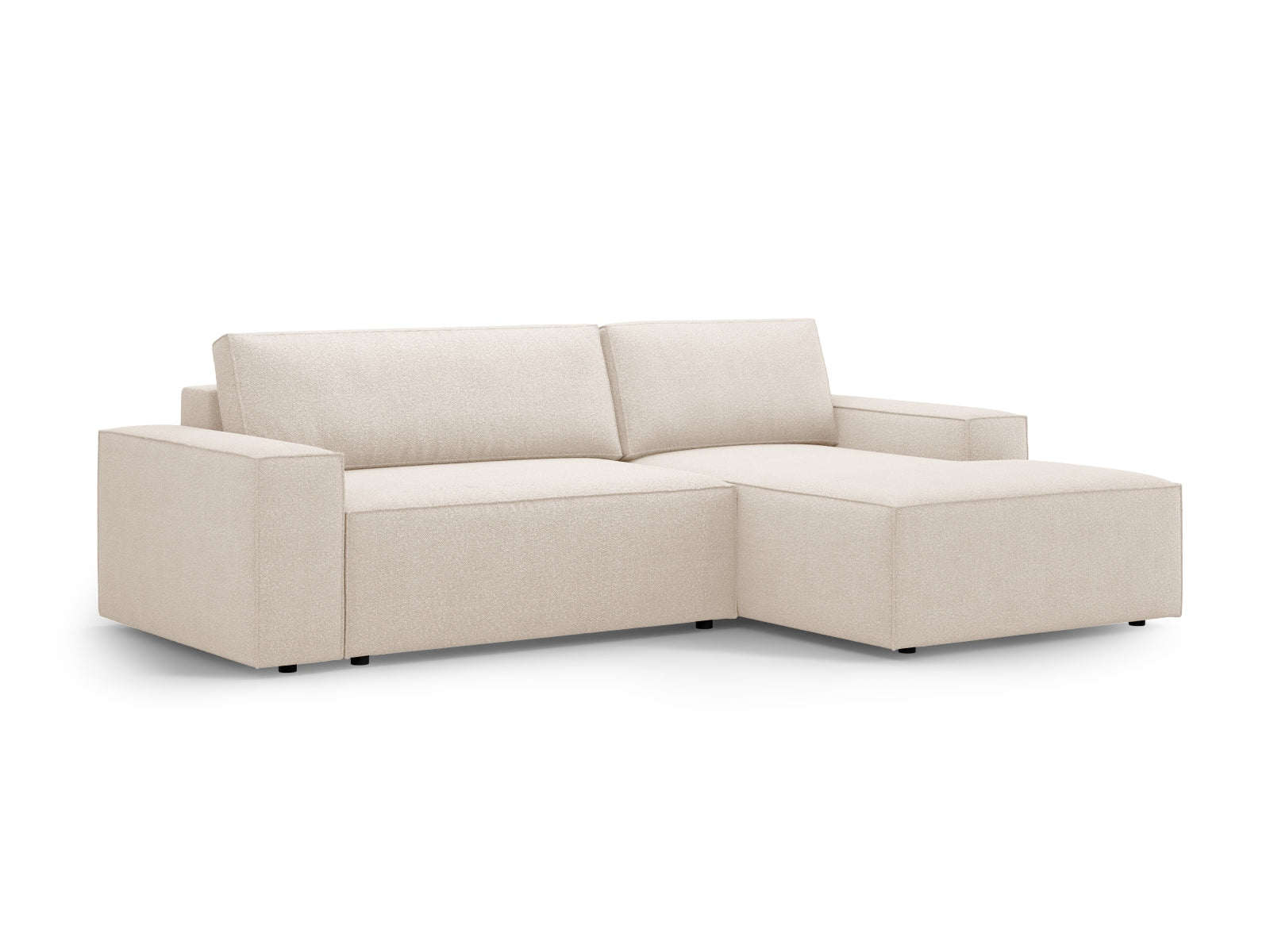 Beige Jodie Boucle Ecksofa mit Schlaffunktion, elegantes Design und praktischer Stauraum, perfekt für gemütliche Wohnzimmer.