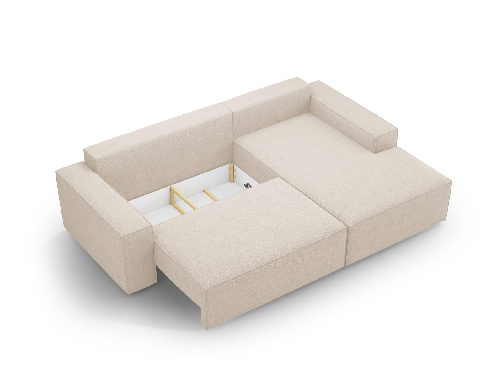 Beige Jodie Boucle Ecksofa mit Schlaffunktion und Stauraum, ideal für gemütliche Wohnräume und flexible Nutzung.