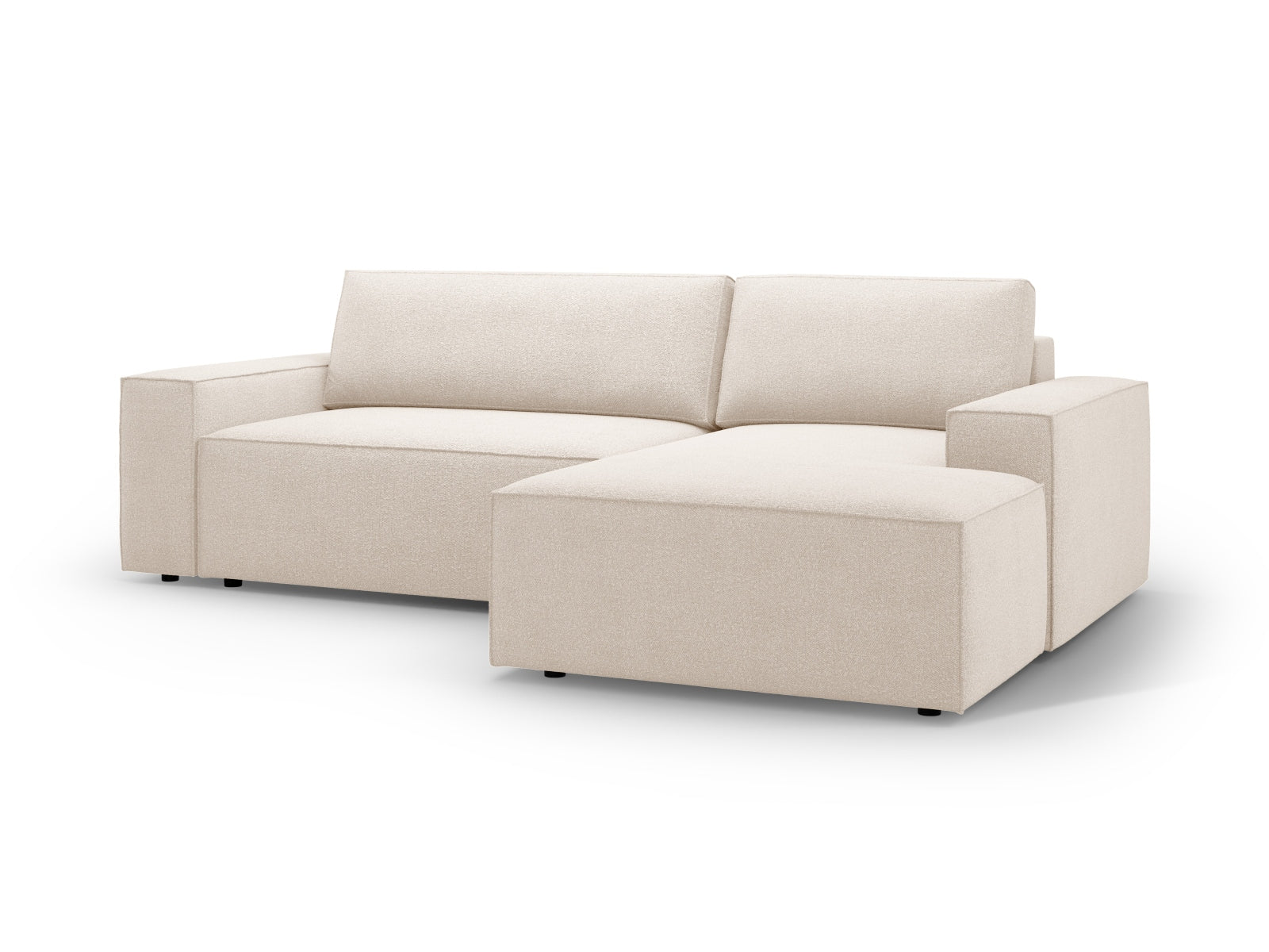 Beige Jodie Boucle Ecksofa mit Schlaffunktion und Stauraum, rechtsseitig, ideal für moderne Wohnräume und flexible Nutzung.