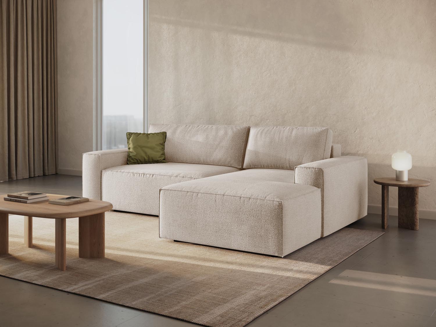 Beige Jodie Boucle Ecksofa mit Schlaffunktion und Stauraum, stilvoll und funktional, ideal für moderne Wohnräume.