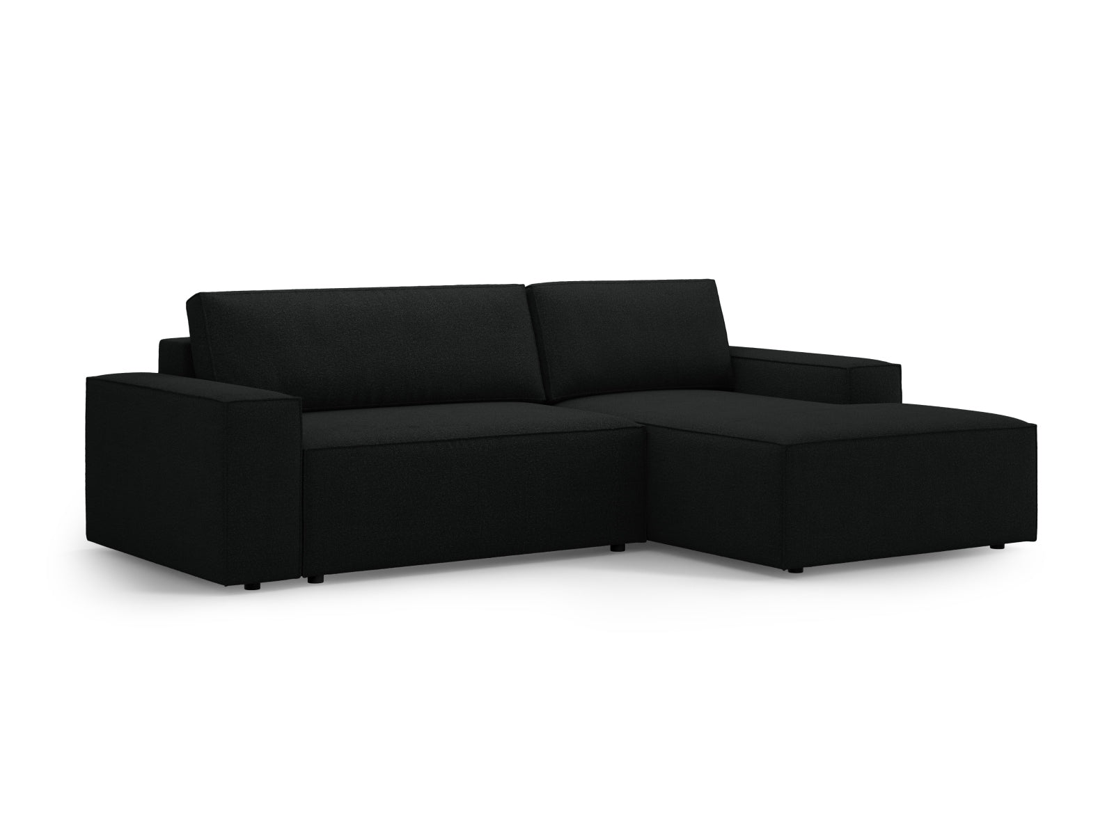 Modernes Jodie Boucle Ecksofa in Schwarz, rechtsseitig, bietet Schlaffunktion und praktischen Stauraum für vielseitige Nutzung.
