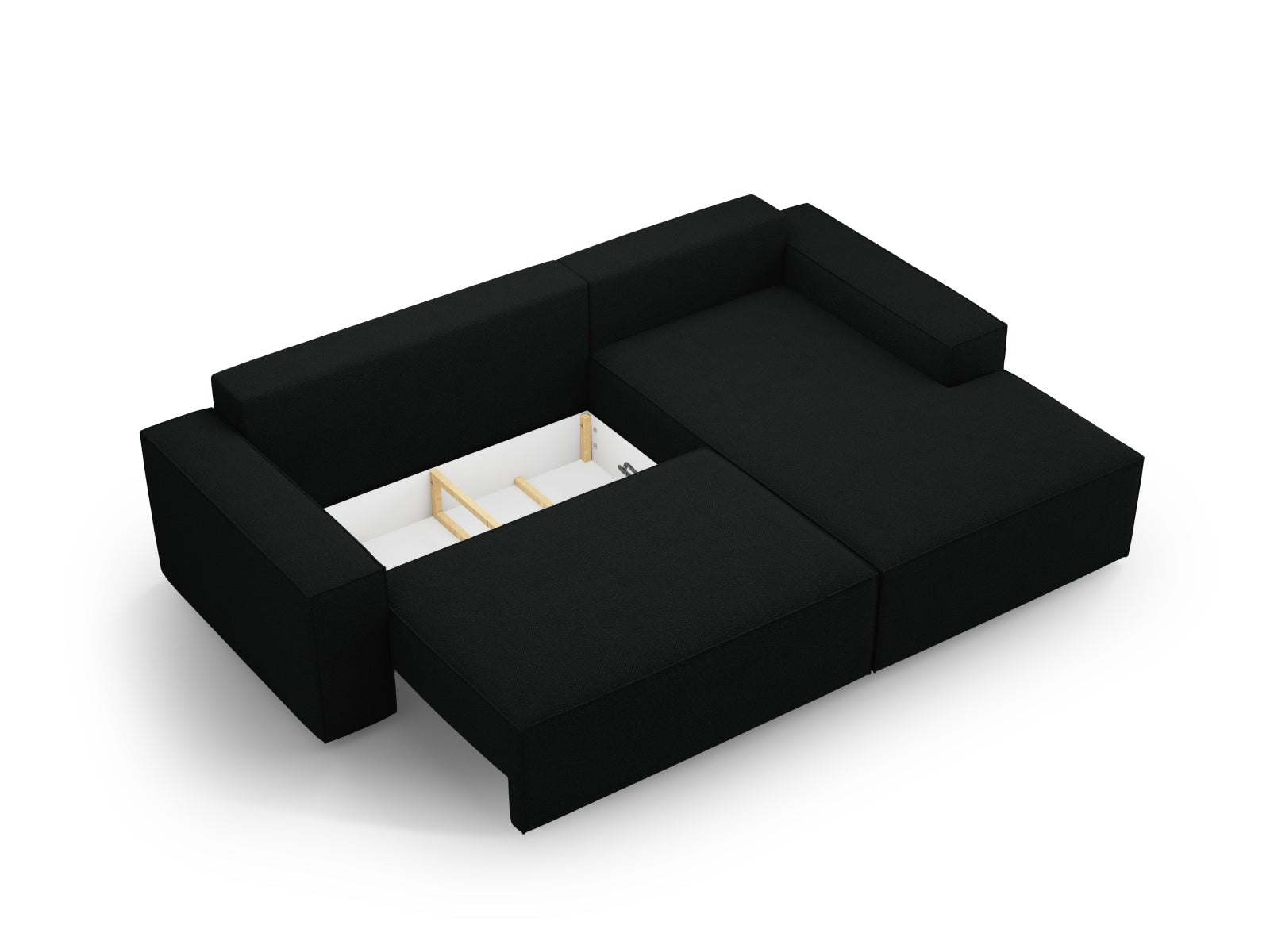 Stylisches Jodie Boucle Ecksofa in Schwarz, rechts, bietet eine praktische Schlaffunktion und Stauraum für optimale Raumnutzung.