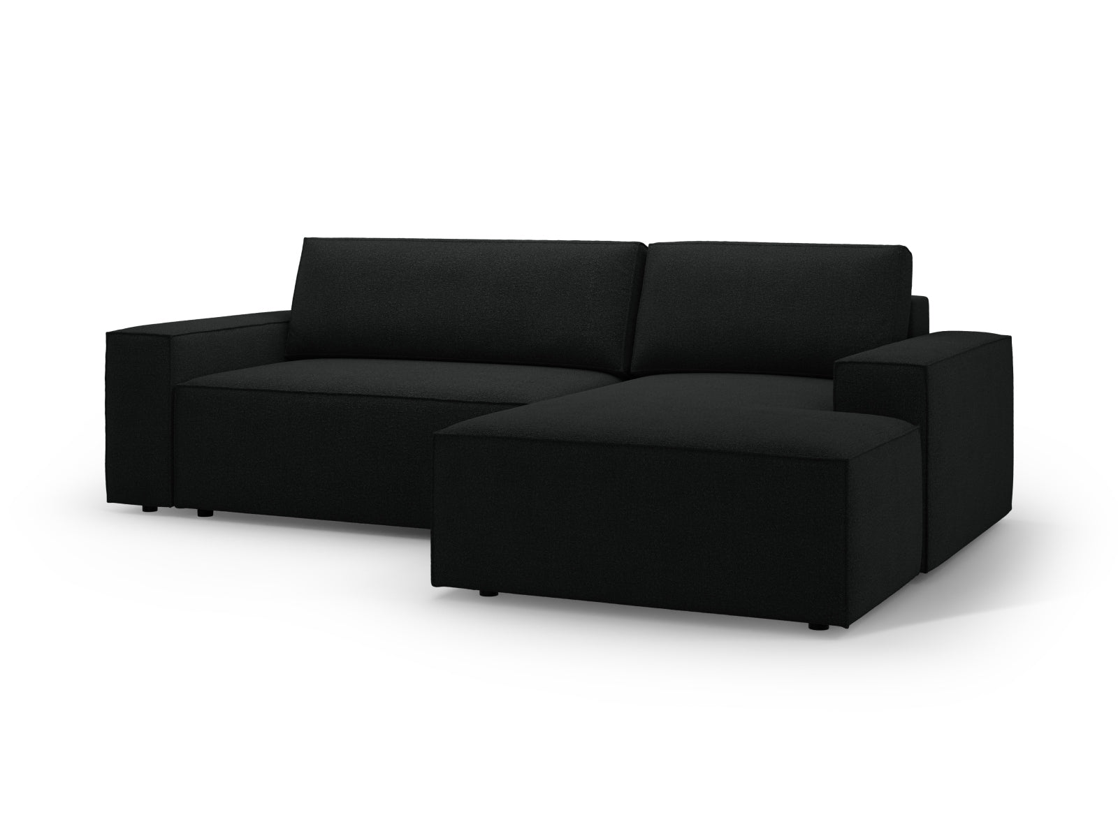 Stylisches Jodie Boucle Ecksofa in Schwarz, rechts, bietet eine praktische Schlaffunktion und Stauraum für zusätzlichen Komfort und Flexibilität.