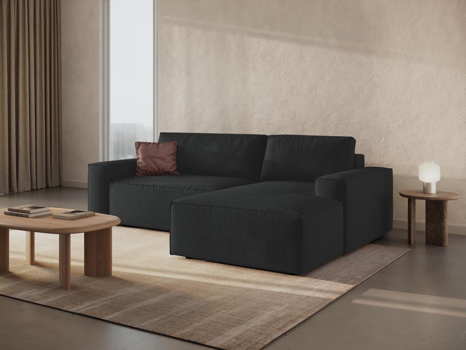 Elegantes Jodie Boucle Ecksofa in Schwarz, rechtsseitig, mit Schlaffunktion und Stauraum, ideal für stilvolle Wohnräume.