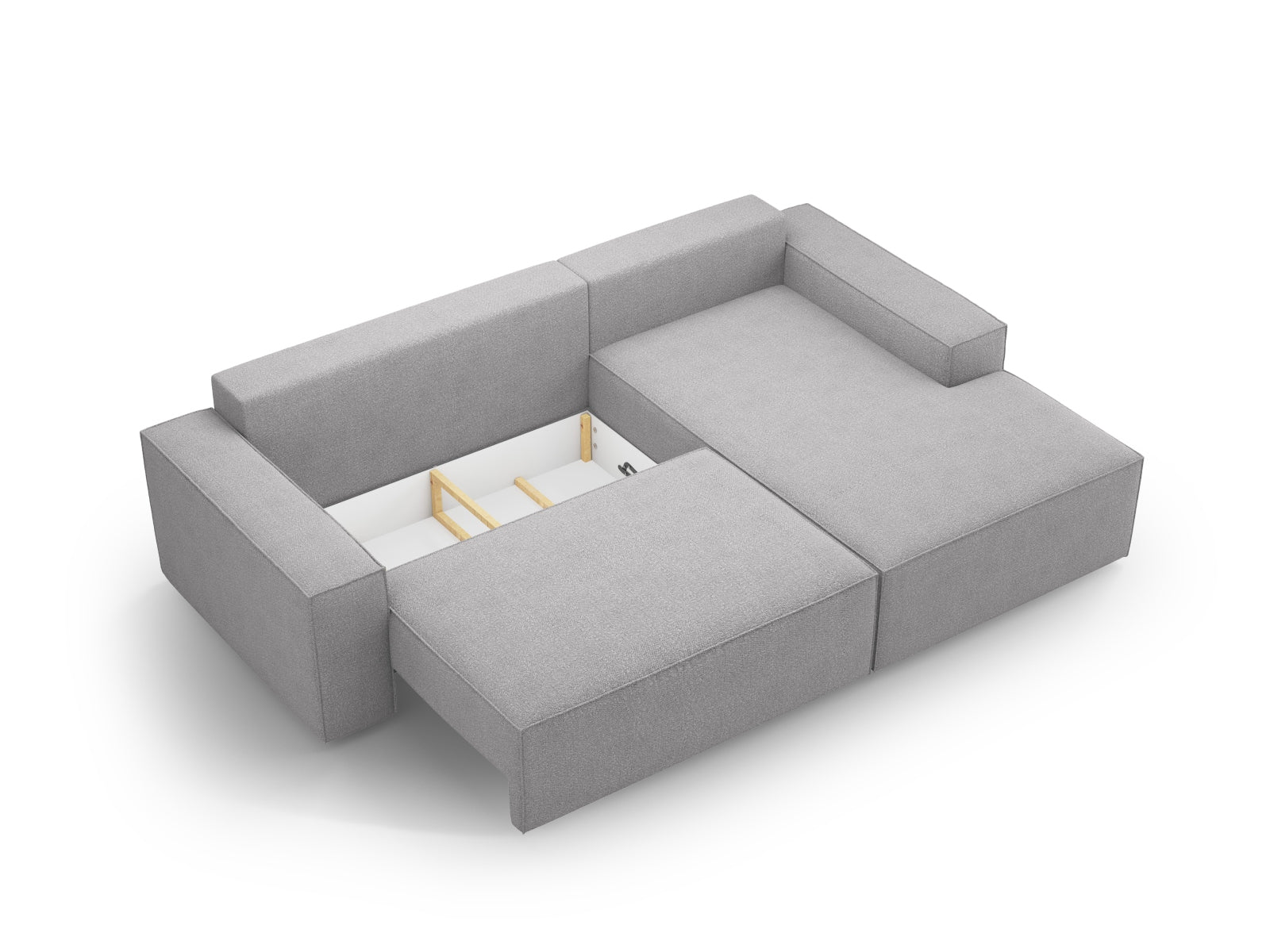 Elegantes Jodie Boucle Ecksofa in hellem Grau, perfekt für kompakte Wohnräume, bietet eine komfortable Schlaffunktion und zusätzlichen Stauraum.