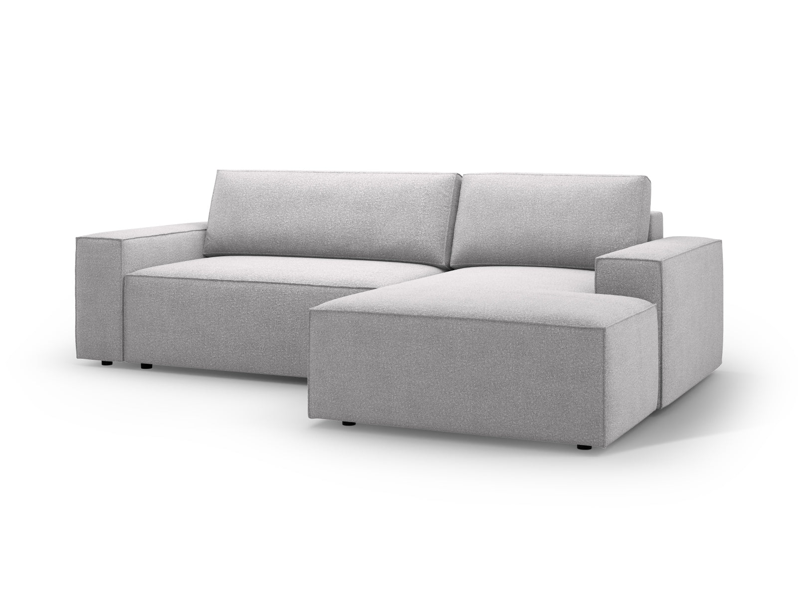 Elegantes Jodie Boucle Ecksofa in hellem Grau, perfekt für kompakte Wohnräume, bietet eine komfortable Schlaffunktion und zusätzlichen Stauraum.
