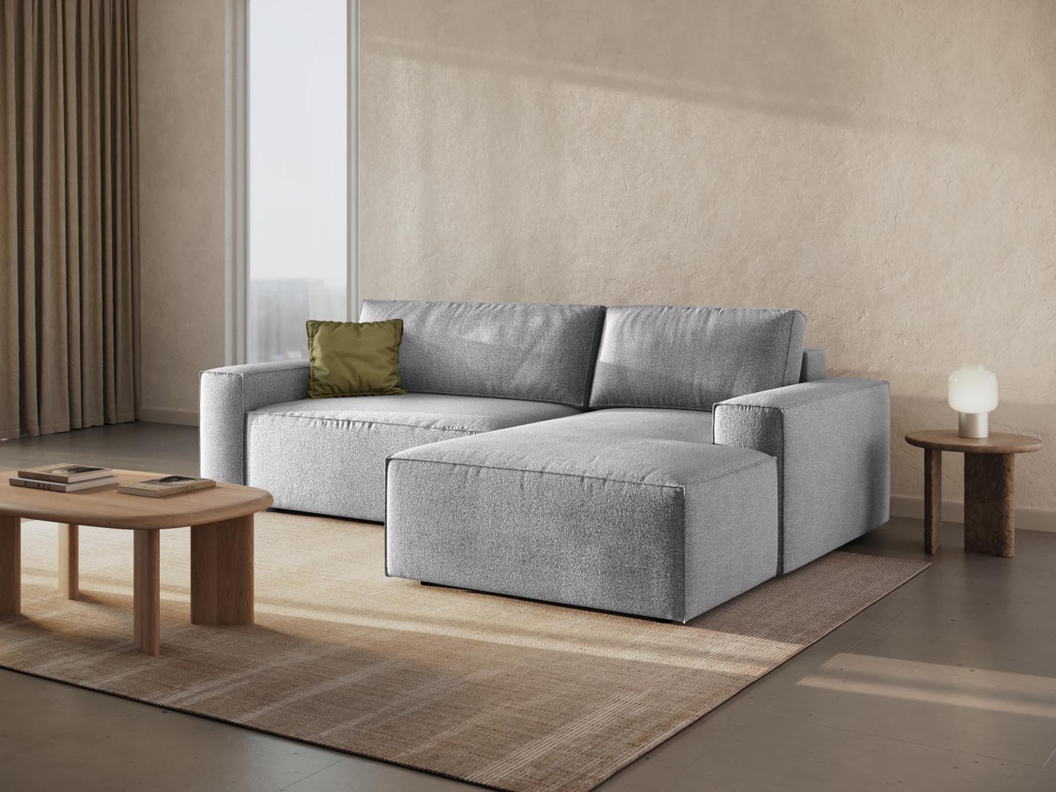 Stylisches Jodie Boucle Ecksofa in Hellgrau, ideal für Wohnräume, mit praktischer Schlaffunktion und Stauraum für zusätzlichen Komfort.
