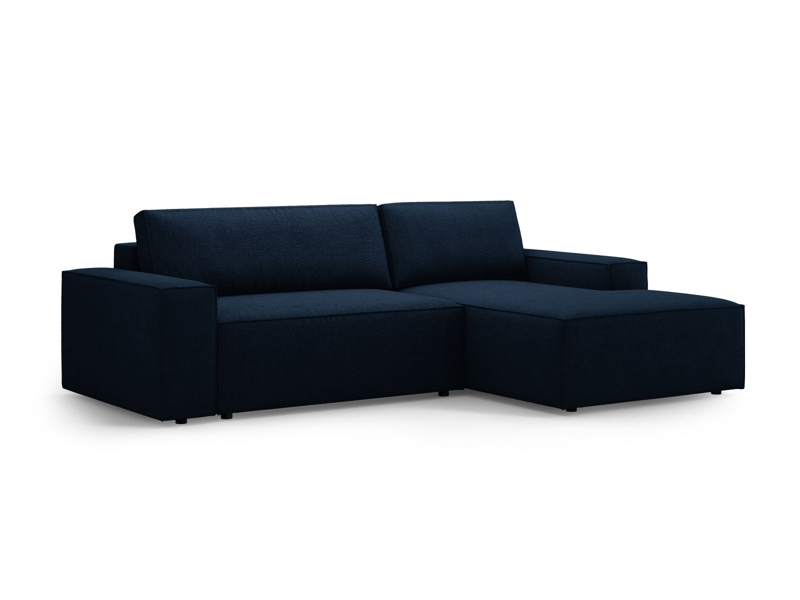 Modernes Jodie Boucle Ecksofa in Dunkelblau, bietet Komfort und Funktionalität mit Schlaffunktion und integriertem Stauraum für kleine Räume.