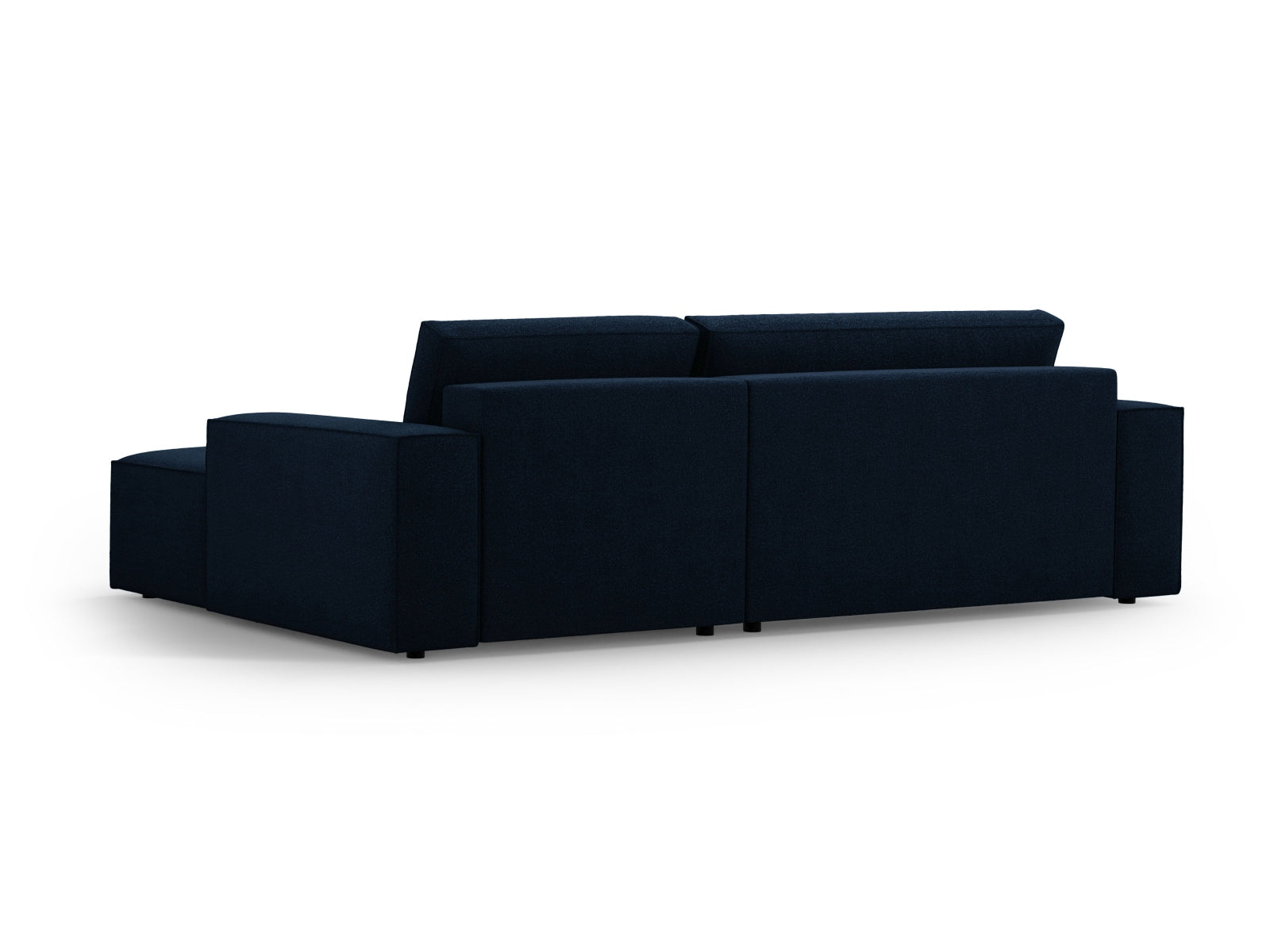 Elegantes Jodie Boucle Ecksofa in Dunkelblau, ideal für stilvolle Wohnräume, mit praktischer Schlaffunktion und Stauraum für zusätzlichen Komfort.