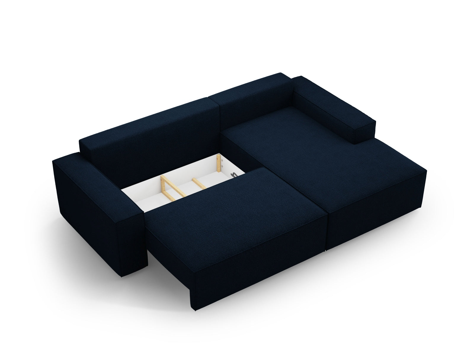 Modernes Jodie Boucle Ecksofa in Dunkelblau, rechtsseitig, bietet Schlafgelegenheit und Stauraum, perfekt für gemütliche Abende.
