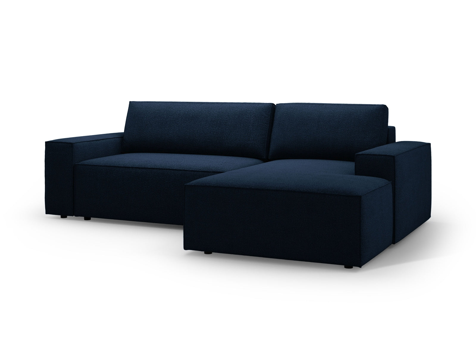 Stylisches Jodie Boucle Ecksofa in tiefem Blau, rechtsseitig, bietet eine komfortable Schlaffunktion und integrierten Stauraum für optimale Nutzung.