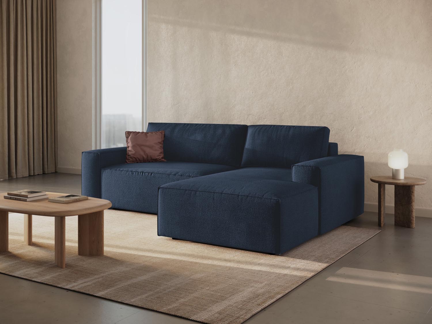Elegantes Jodie Boucle Ecksofa in Dunkelblau, ideal für stilvolle Wohnräume, mit praktischer Schlaffunktion und Stauraum.