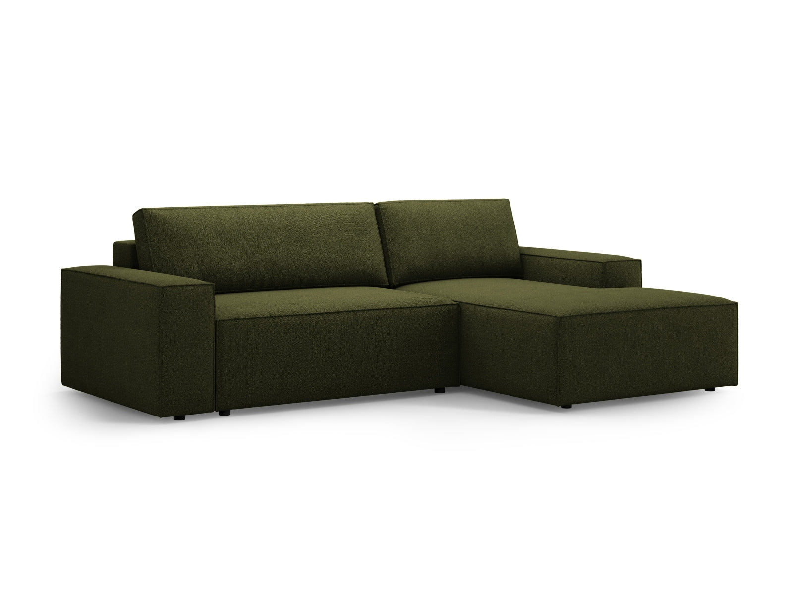 Modernes Jodie Boucle Ecksofa in Dunkelolivgrün, perfekt für gemütliche Abende, bietet Schlaffunktion und Stauraum für zusätzlichen Komfort.