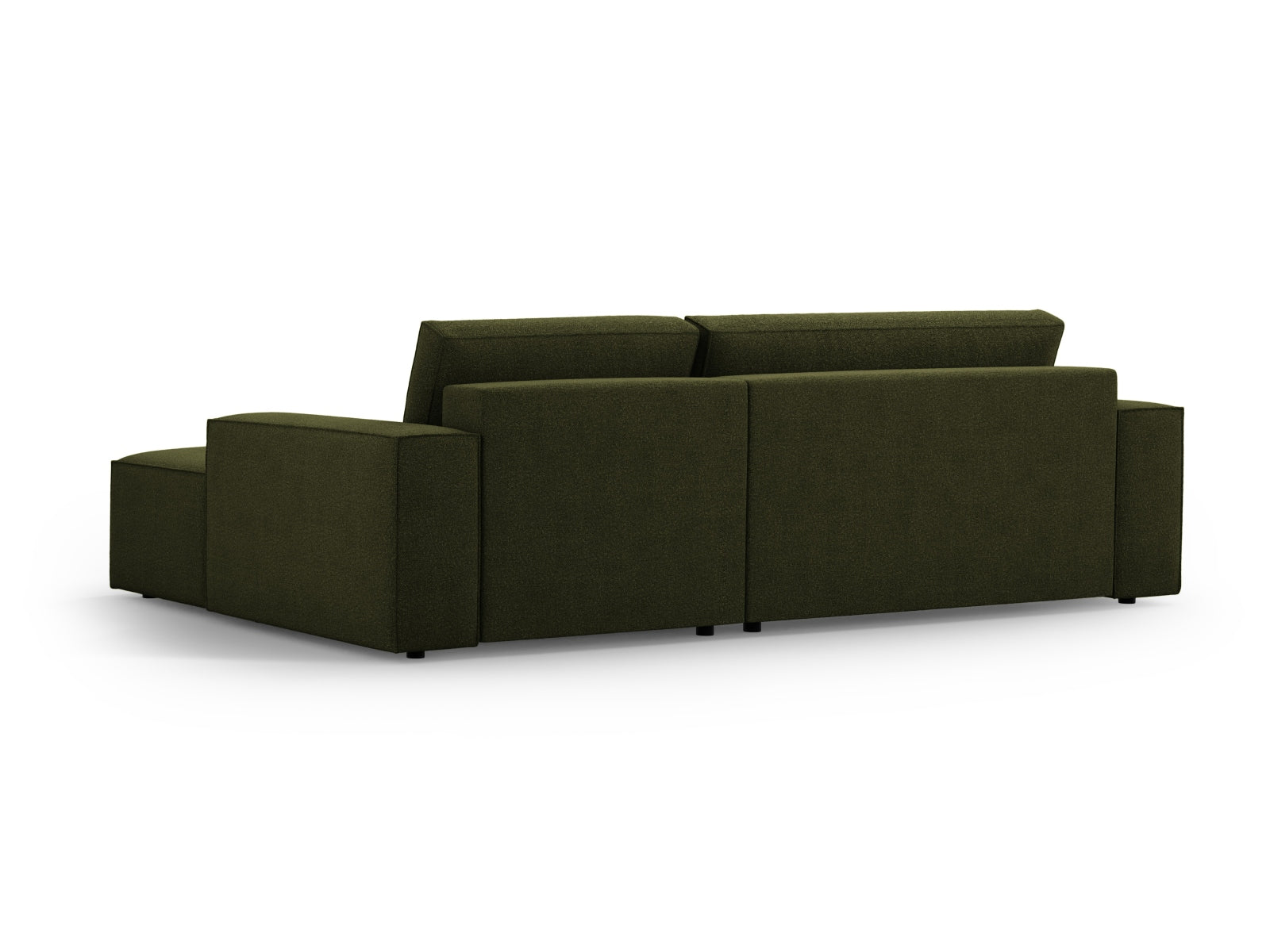 Elegantes Jodie Boucle Ecksofa in Dunkelolivgrün, ideal für stilvolle Wohnräume, mit praktischer Schlaffunktion und integriertem Stauraum.