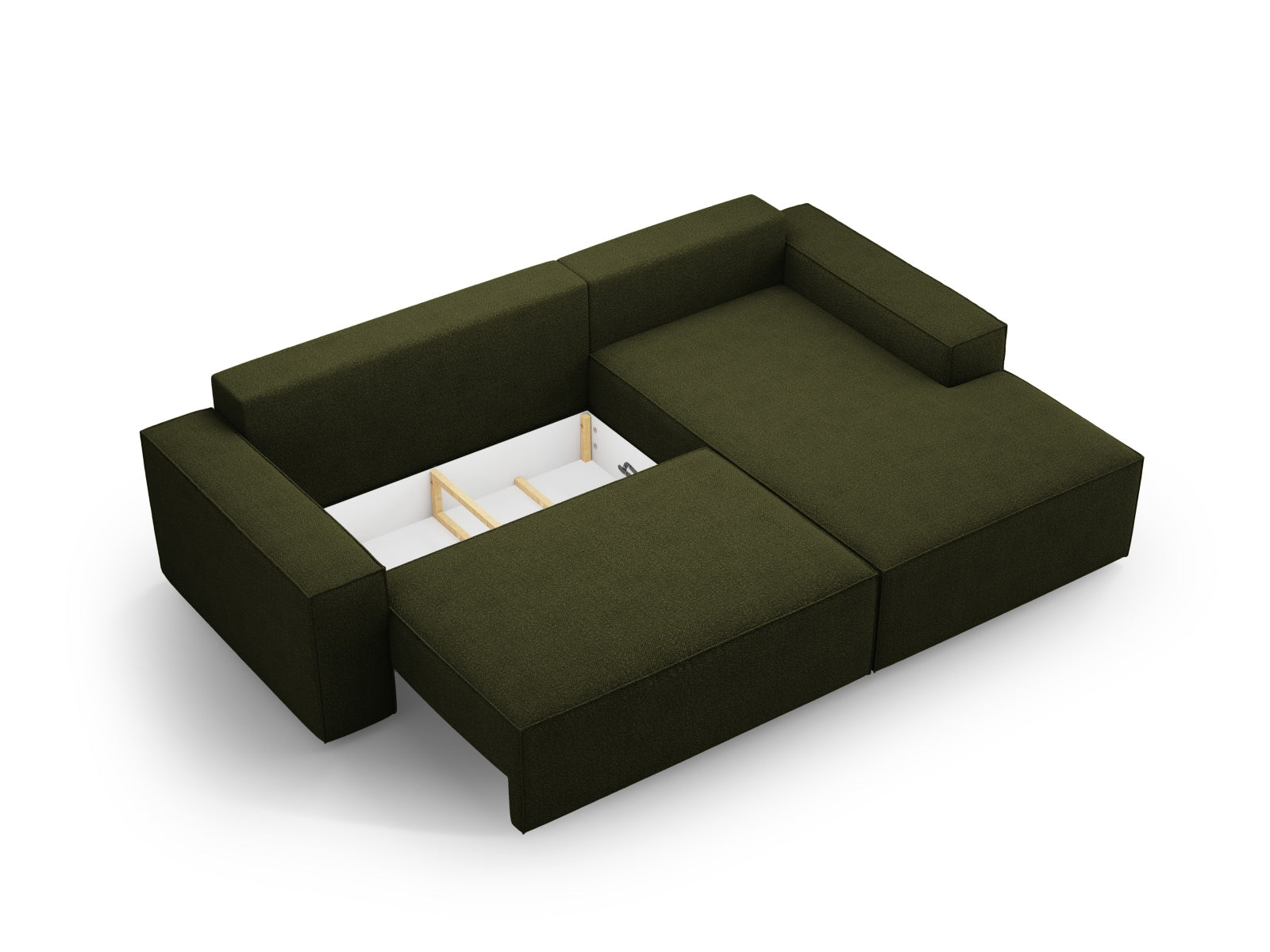 Modernes Jodie Boucle Ecksofa in Dunkelolivgrün, 3-Sitzer mit Schlaffunktion und Stauraum, perfekt für gemütliche und funktionale Wohnräume.