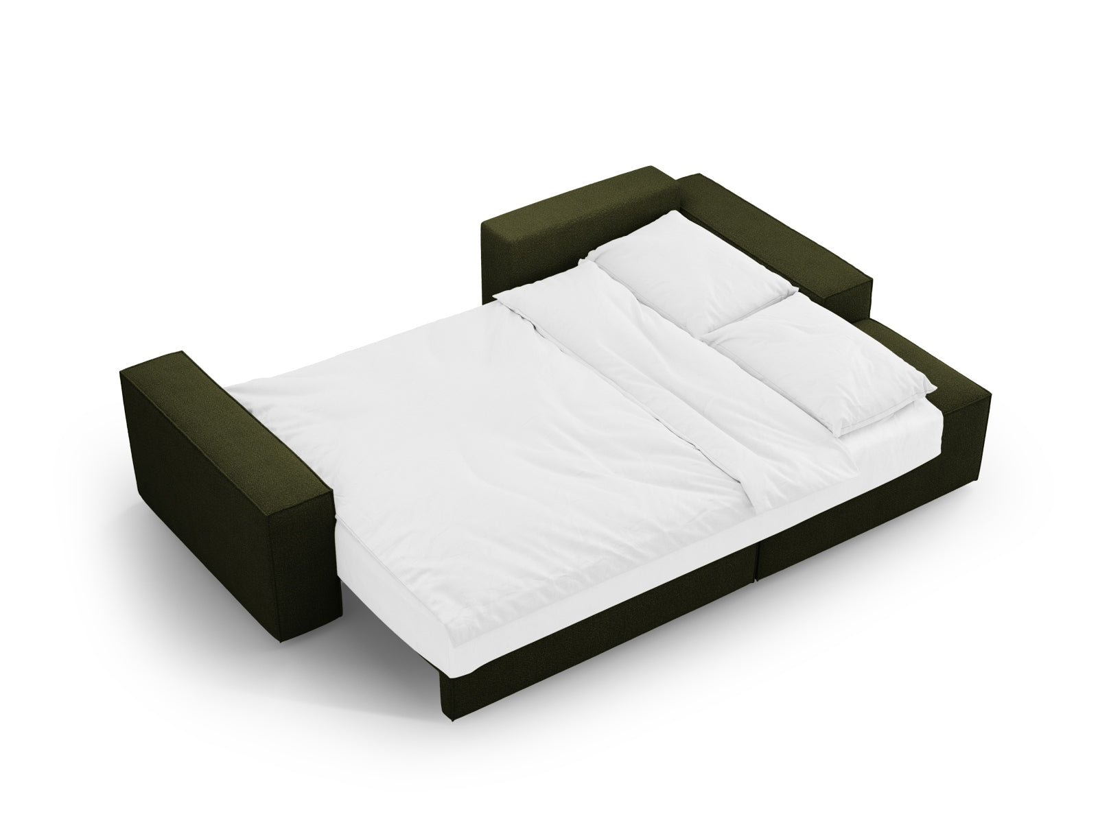 Elegantes Jodie Boucle Ecksofa in Dunkelolivgrün, 3-Sitzer mit praktischer Schlaffunktion und Stauraum, ideal für stilvolle Wohnräume.