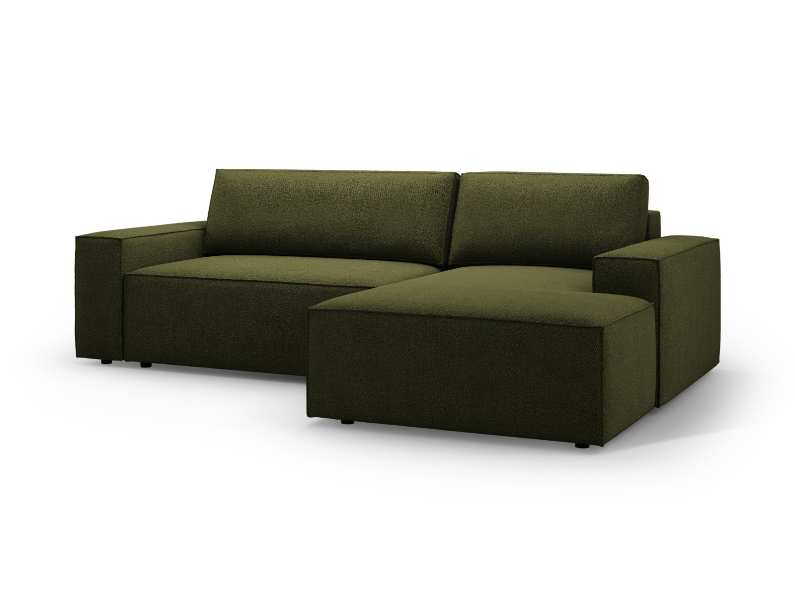 Modernes Jodie Boucle Ecksofa in Dunkelolivgrün, 3-Sitzer mit cleverer Schlaffunktion und integriertem Stauraum für vielseitige Nutzung.