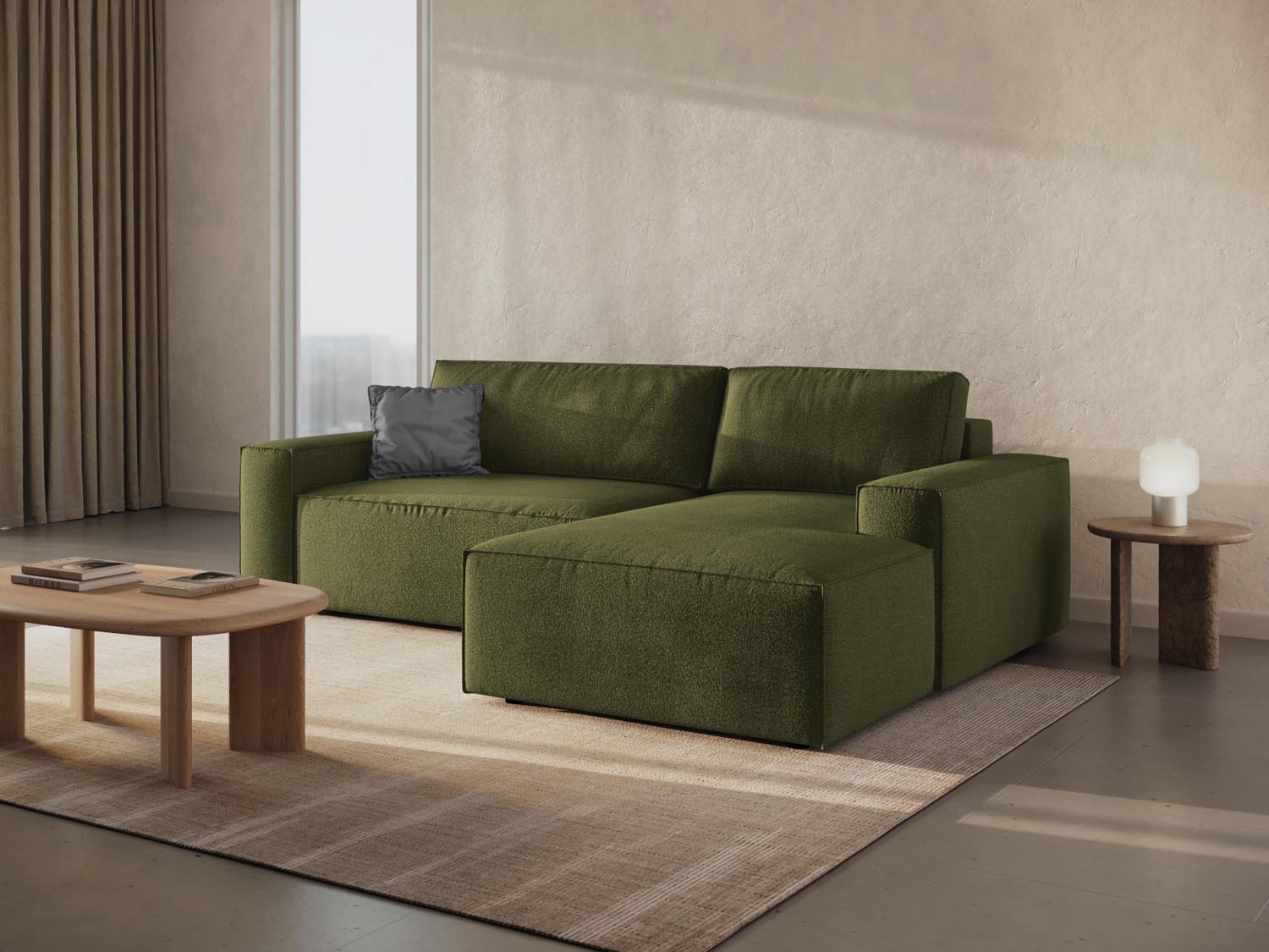 Elegantes Jodie Boucle Ecksofa in Dunkelolivgrün, ideal für stilvolle Wohnräume, mit Schlaffunktion und praktischer Stauraumbox.