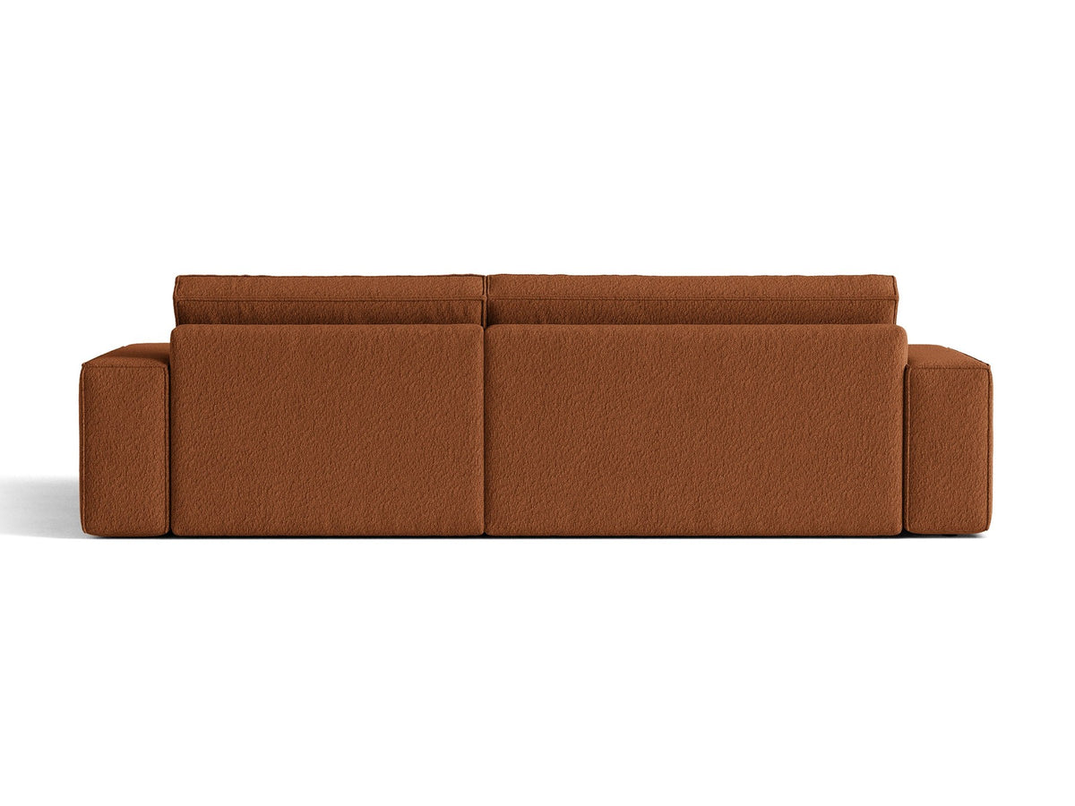 Braunes Ecksofa Jodie von Micadoni mit Bouclé-Stoffbezug, schwarzen Kunststoffbeinen und ausklappbarem Bettkasten, linke Ausrichtung.
