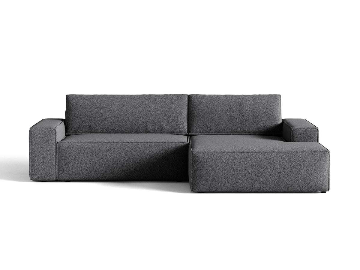 Braunes Ecksofa Jodie von Micadoni mit Bouclé-Stoffbezug, schwarzen Kunststoffbeinen und ausklappbarem Bettkasten, linke Ausrichtung.
