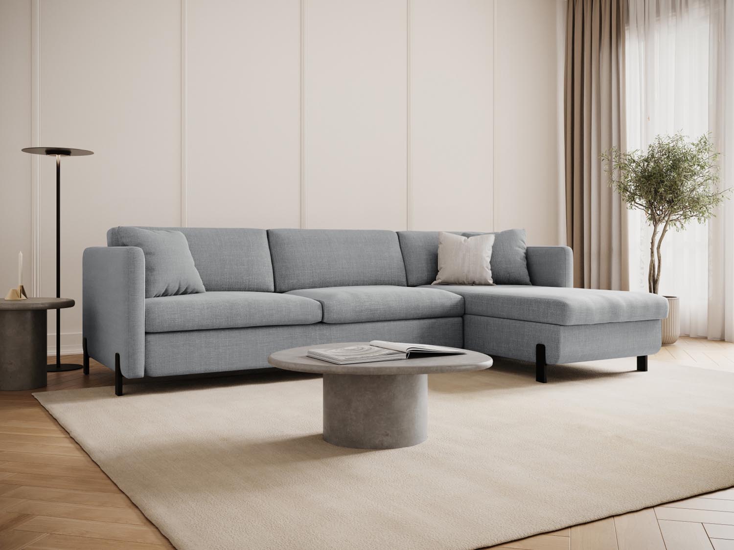 Stylisches Gloria Ecksofa in Hellgrau, 5-Sitzer mit Schlaffunktion und Stauraum, ideal für moderne Wohnräume.