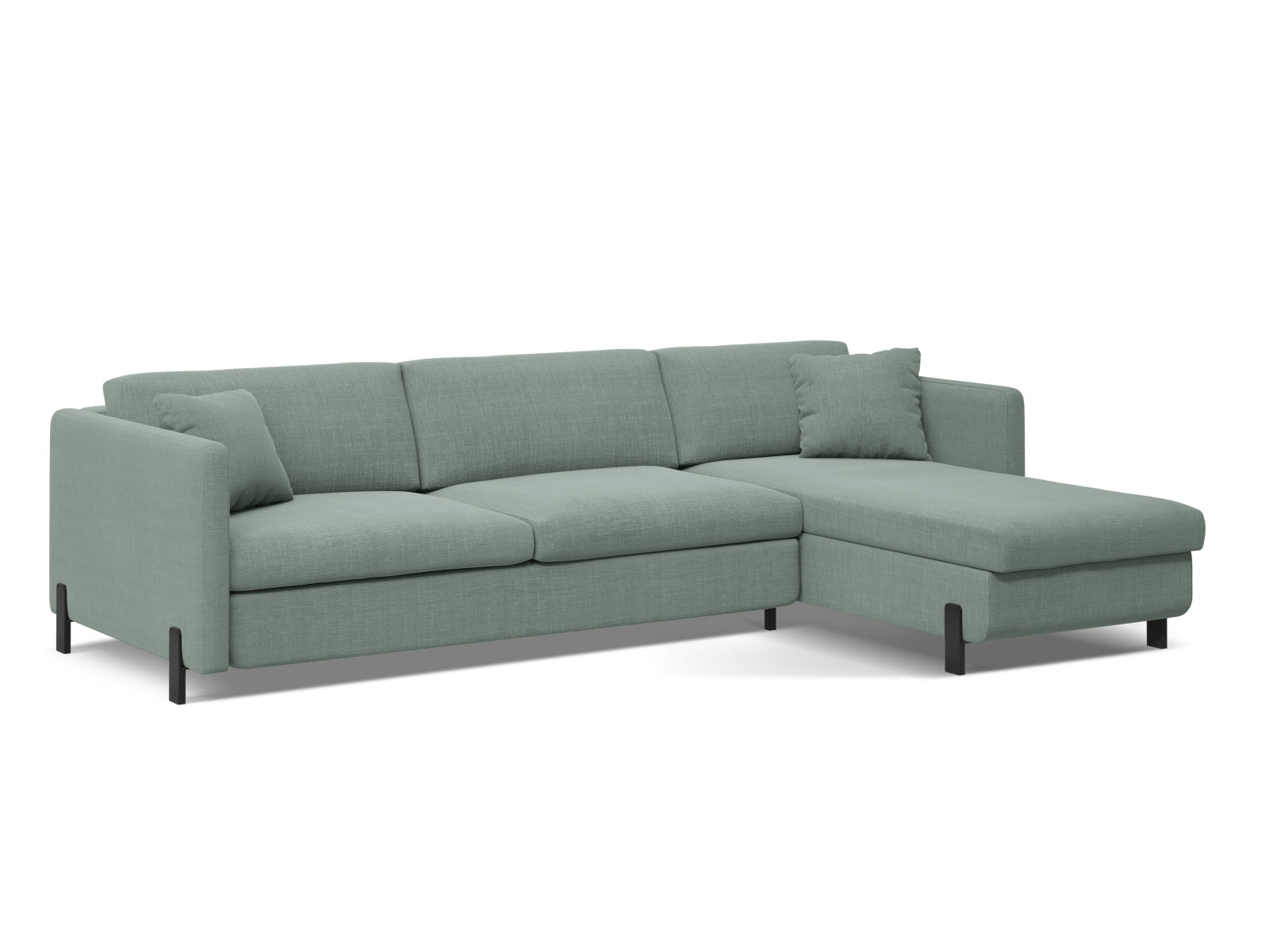 Elegantes 5-Sitzer Ecksofa Gloria in zartem Mintgrün, ausgestattet mit Schlaffunktion und praktischem Stauraum für vielseitige Nutzung.