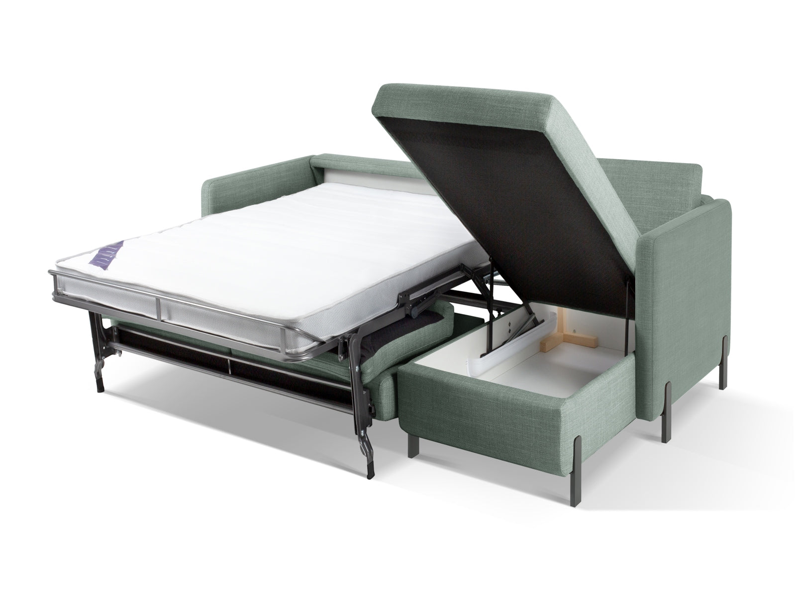 Modernes 5-Sitzer Ecksofa Gloria in elegantem Mintgrün, ausgestattet mit Schlaffunktion und praktischem Stauraum für vielseitige Nutzung.
