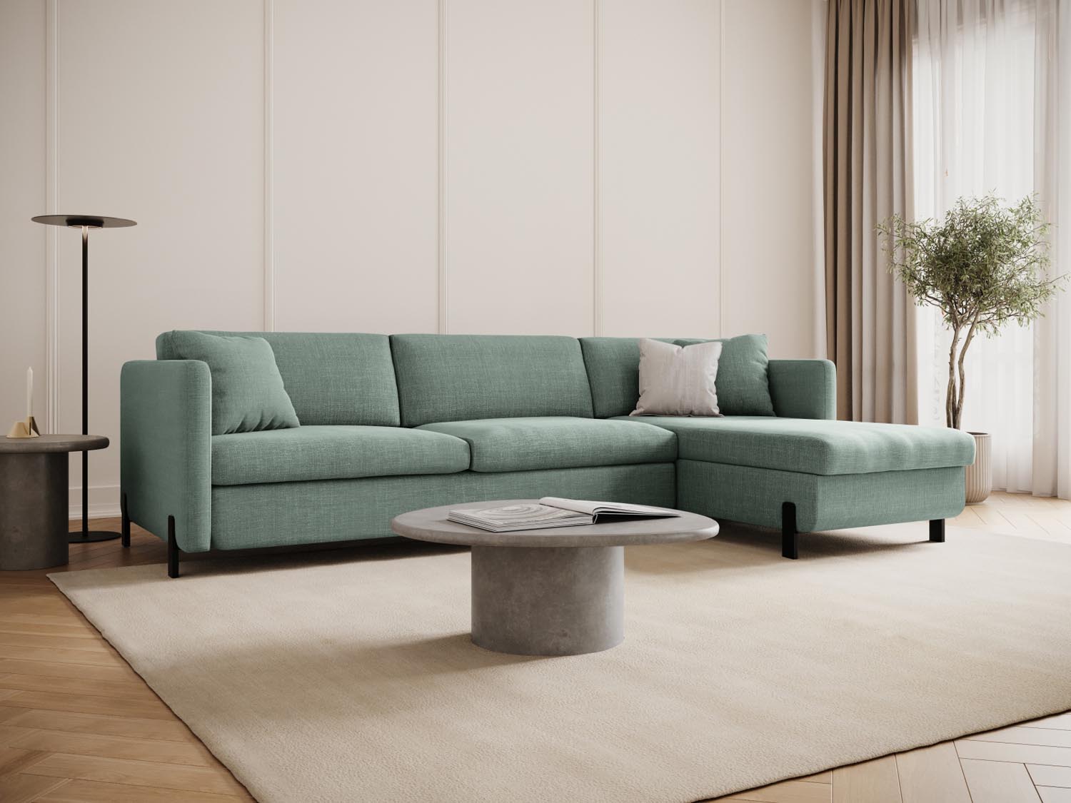 Stylisches Gloria Ecksofa in Mint mit Schlaffunktion und Stauraum, ideal für moderne Wohnräume und gemütliche Nächte.