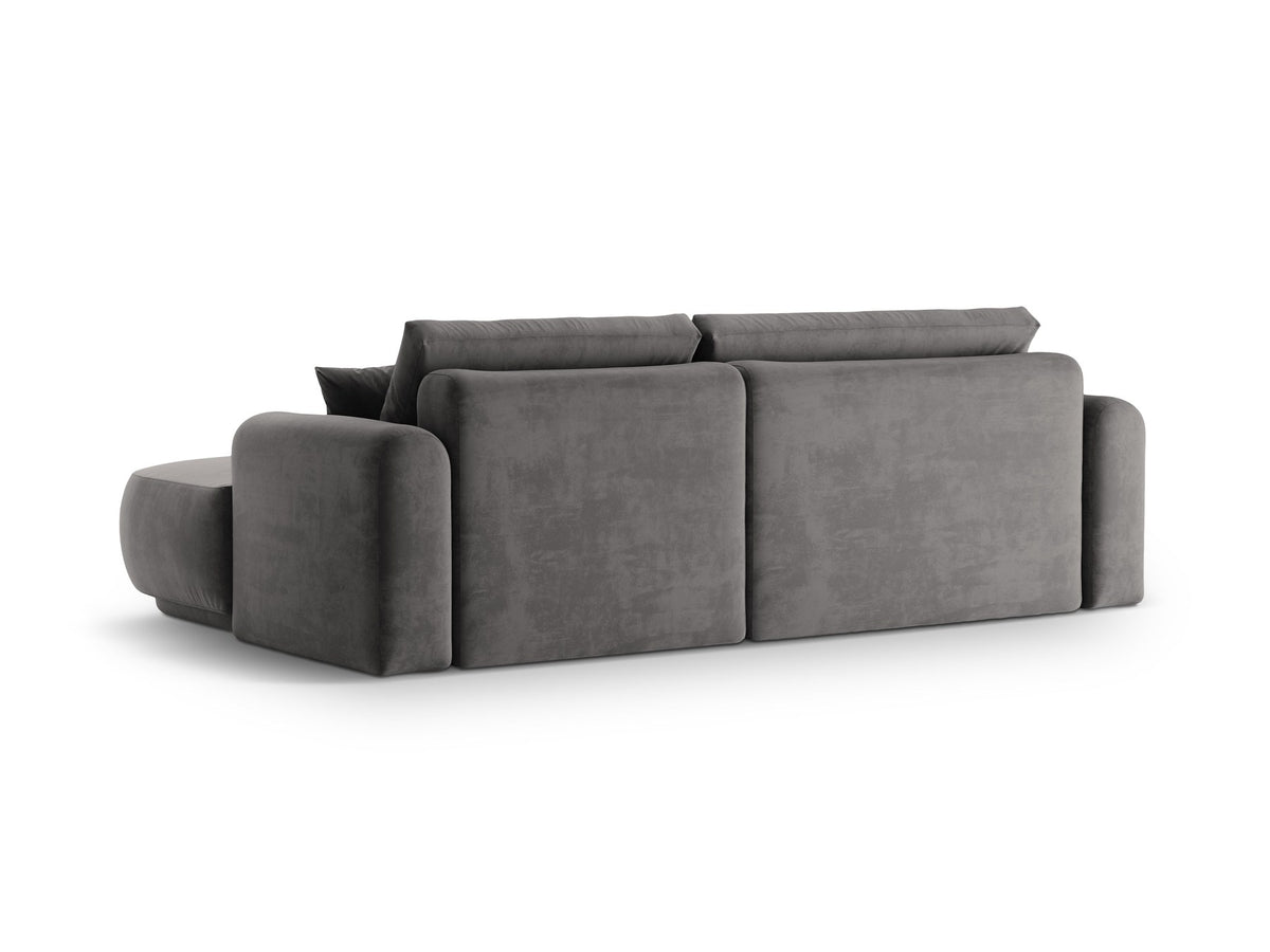 Ecksofa in Leichtes Beige mit Veloursbezug, ausgeklappter Bettfunktion, Stauraumfach und schwarzen Kunststoffbeinen von Micadoni.