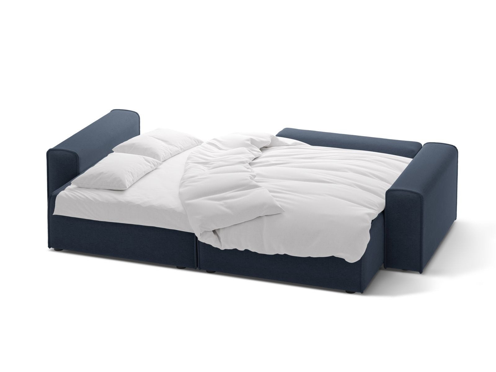 Stylisches Ecksofa Victor in Royal Blue-Moly, bietet eine praktische Schlaffunktion und Stauraum, ideal für gemütliche Abende.
