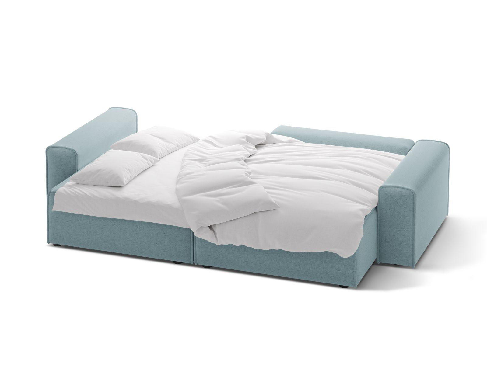 Stylisches 3-Sitzer Ecksofa Victor in zartem Hellblau, bietet eine komfortable Schlaffunktion und praktischen Stauraum für Ihr Zuhause.