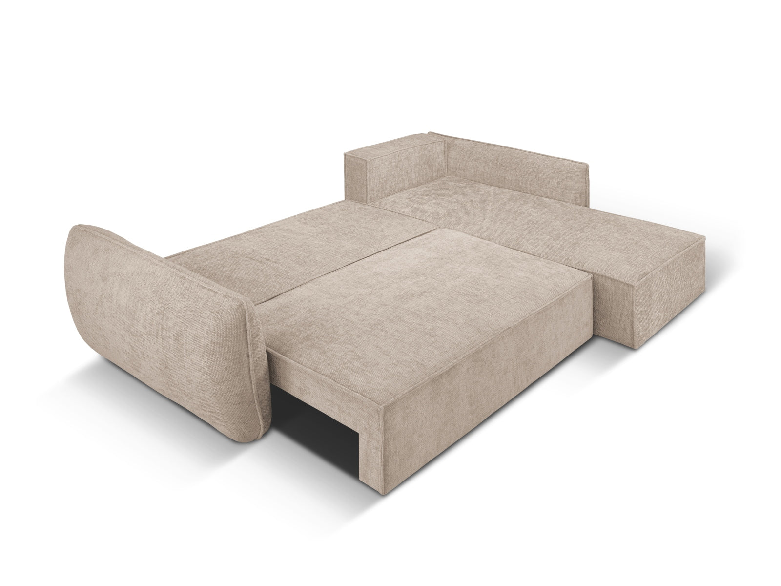 Beige Kaelle Ecksofa mit Schlaffunktion und Stauraum, perfekt für gemütliche Wohnzimmer und flexible Schlaflösungen.