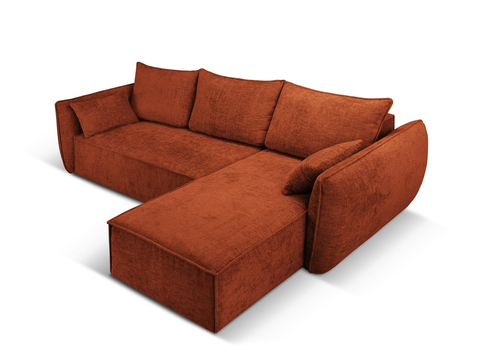 Elegantes Kaelle Ecksofa in warmem Terracotta, bietet Schlafgelegenheit und praktischen Stauraum, perfekt für stilvolle Wohnzimmer.