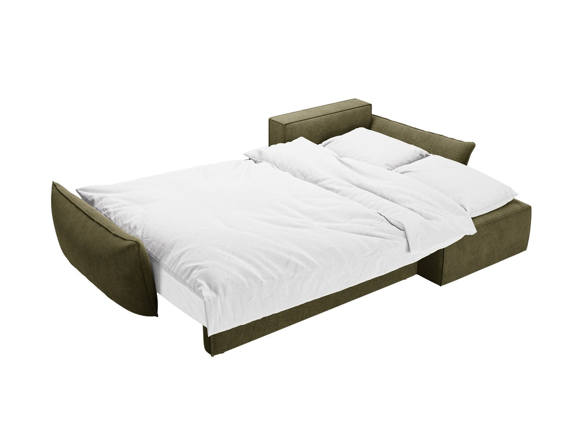 Beige Ecksofa Kaelle von Micadoni mit Chenille-Bezug, schwarzen Kunststoffbeinen und sichtbarem Bettkasten, rechts ausgerichtetes Bettsofa im Wohnraum.