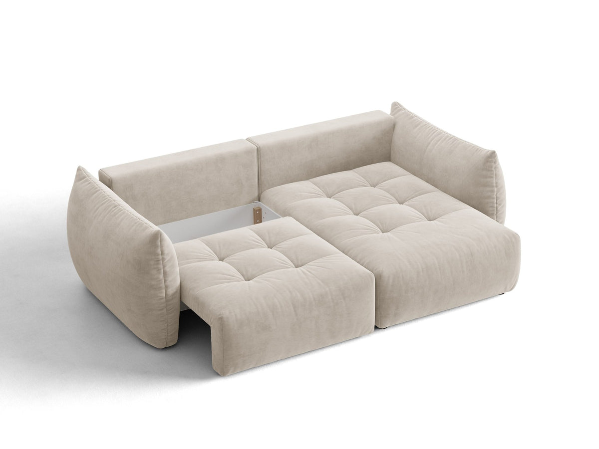 Ecksofa Bloom mit Schlaffunktion von Micadoni in Sand, Bettsofa rechts mit Casino-Veloursbezug und schwarzen Kunststoffbeinen.