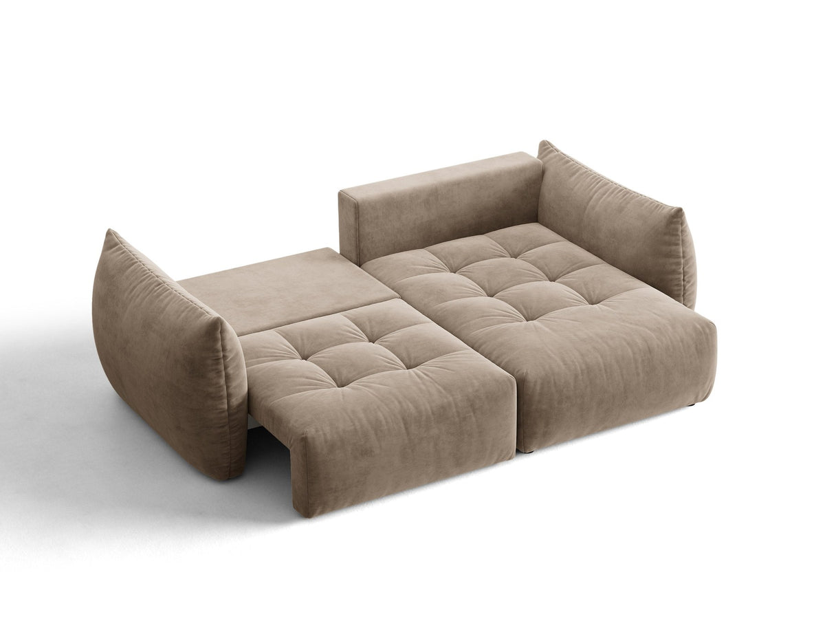 Ecksofa Bloom mit Schlaffunktion von Micadoni in Sand, Bettsofa rechts mit Casino-Veloursbezug und schwarzen Kunststoffbeinen.