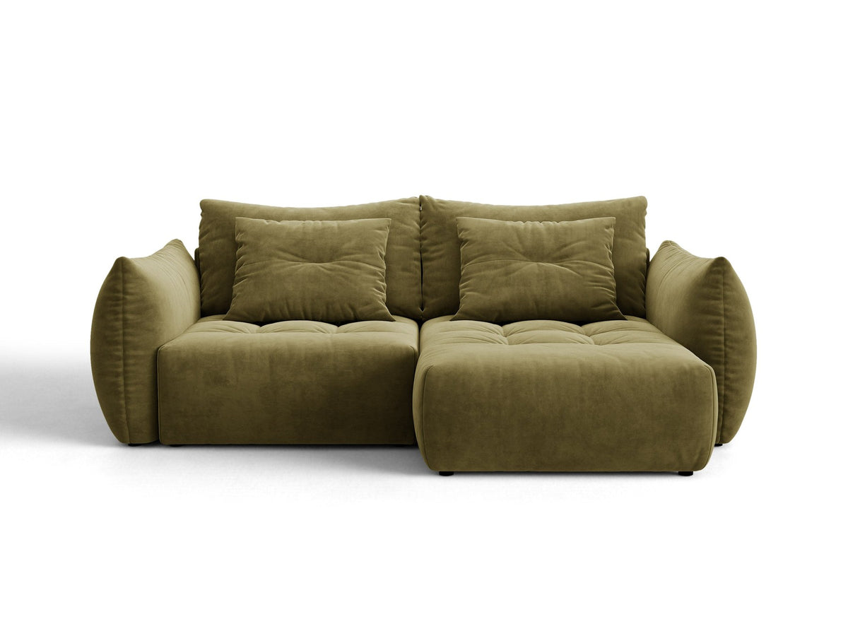 Ecksofa Bloom mit Schlaffunktion von Micadoni in Sand, Bettsofa rechts mit Casino-Veloursbezug und schwarzen Kunststoffbeinen.