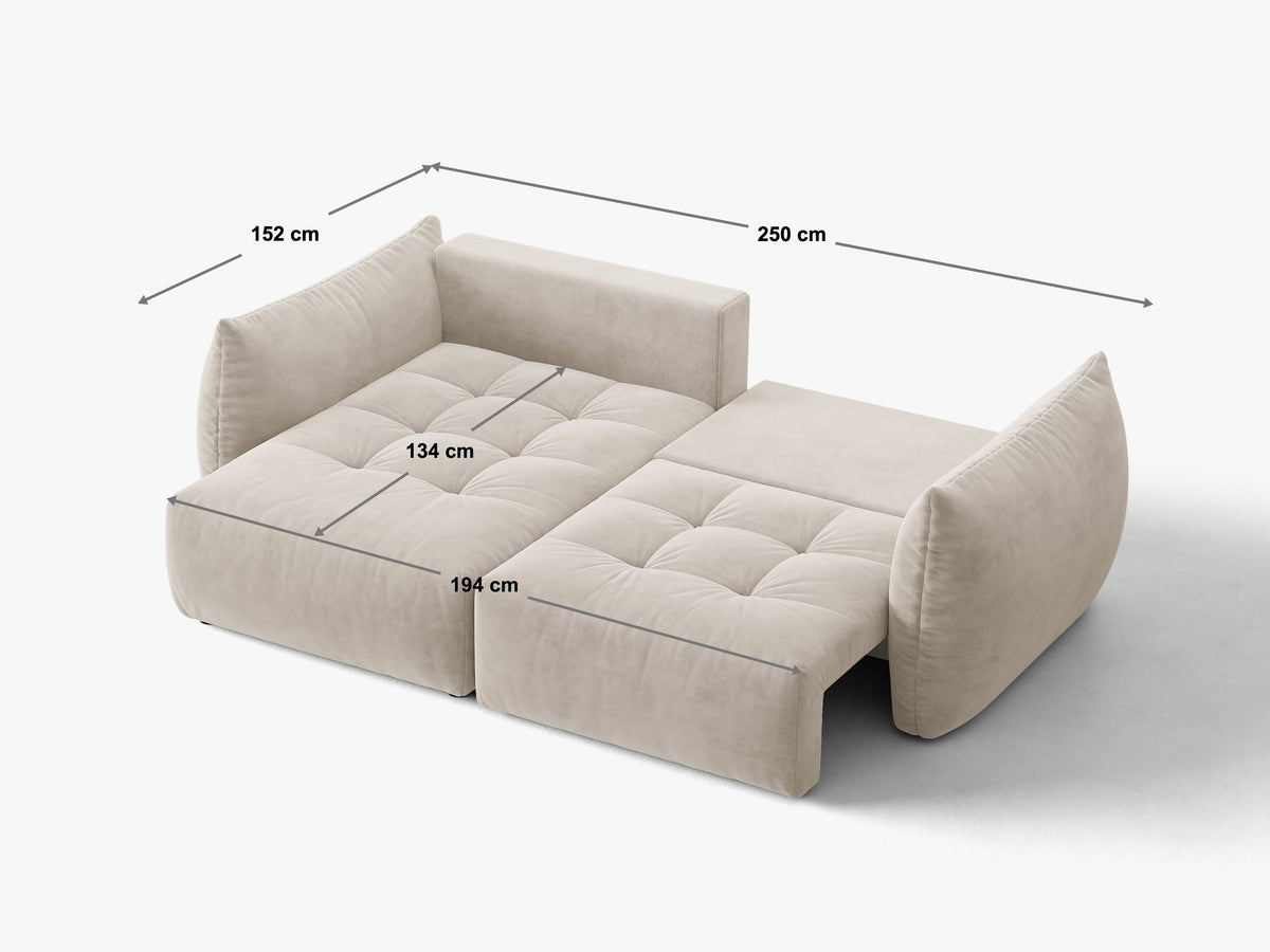 Ecksofa Bloom mit Schlaffunktion von Micadoni in Sand, Bettsofa rechts mit Casino-Veloursbezug und schwarzen Kunststoffbeinen.