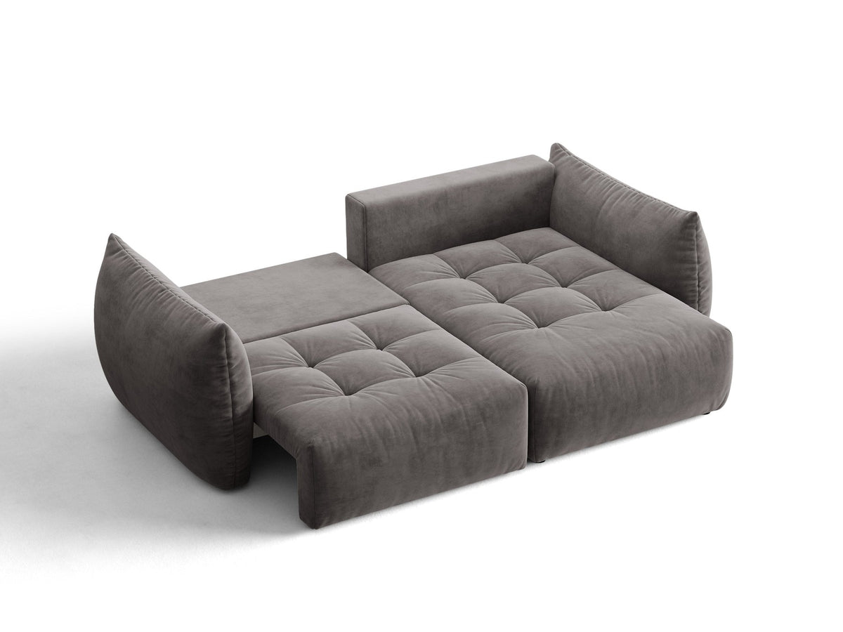 Ecksofa Bloom mit Schlaffunktion von Micadoni in Sand, Bettsofa rechts mit Casino-Veloursbezug und schwarzen Kunststoffbeinen.