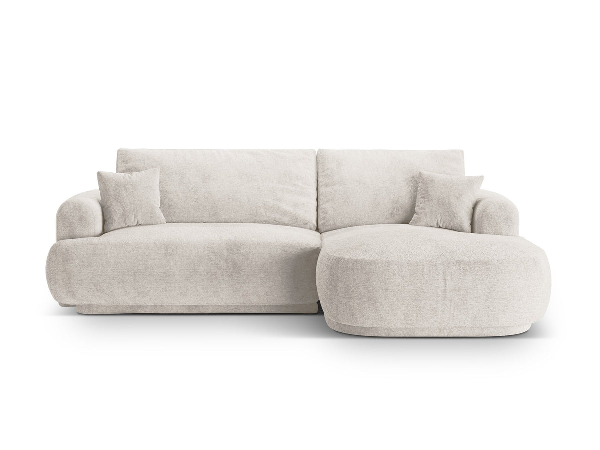 Ecksofa in Leichtes Beige mit Veloursbezug, ausgeklappter Bettfunktion, Stauraumfach und schwarzen Kunststoffbeinen von Micadoni.