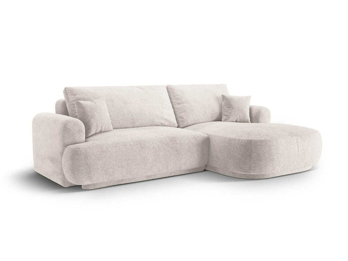 Ecksofa in Leichtes Beige mit Veloursbezug, ausgeklappter Bettfunktion, Stauraumfach und schwarzen Kunststoffbeinen von Micadoni.