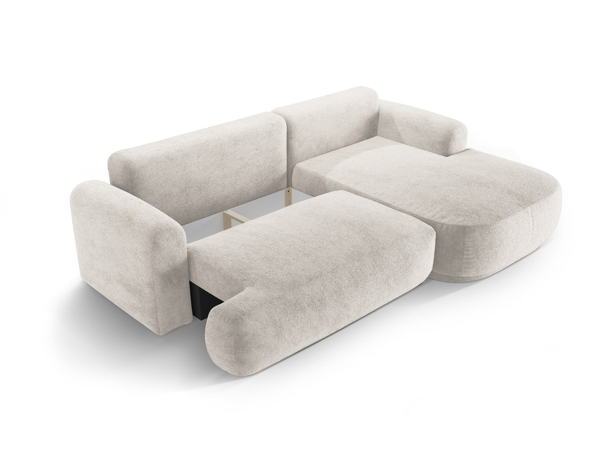 Ecksofa in Leichtes Beige mit Veloursbezug, ausgeklappter Bettfunktion, Stauraumfach und schwarzen Kunststoffbeinen von Micadoni.