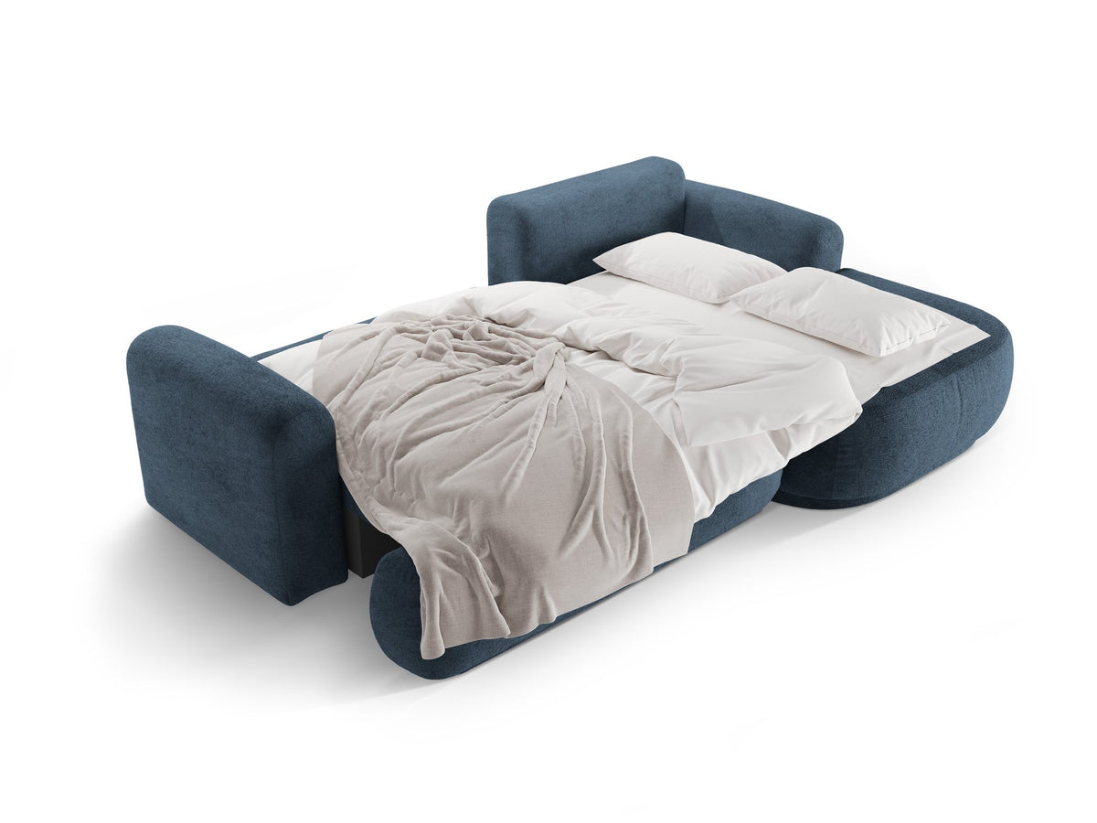 Ecksofa in Leichtes Beige mit Veloursbezug, ausgeklappter Bettfunktion, Stauraumfach und schwarzen Kunststoffbeinen von Micadoni.