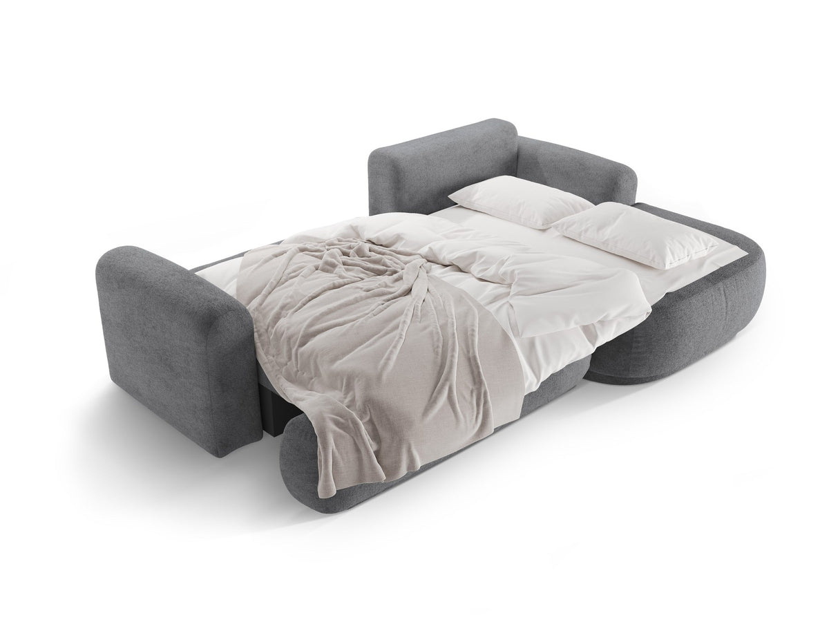 Ecksofa in Leichtes Beige mit Veloursbezug, ausgeklappter Bettfunktion, Stauraumfach und schwarzen Kunststoffbeinen von Micadoni.
