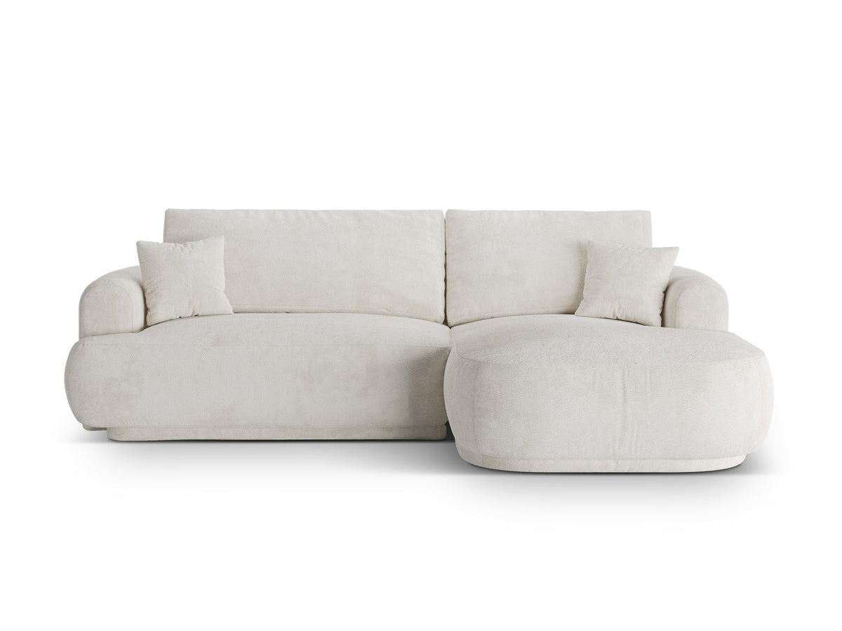 Ecksofa in Leichtes Beige mit Veloursbezug, ausgeklappter Bettfunktion, Stauraumfach und schwarzen Kunststoffbeinen von Micadoni.
