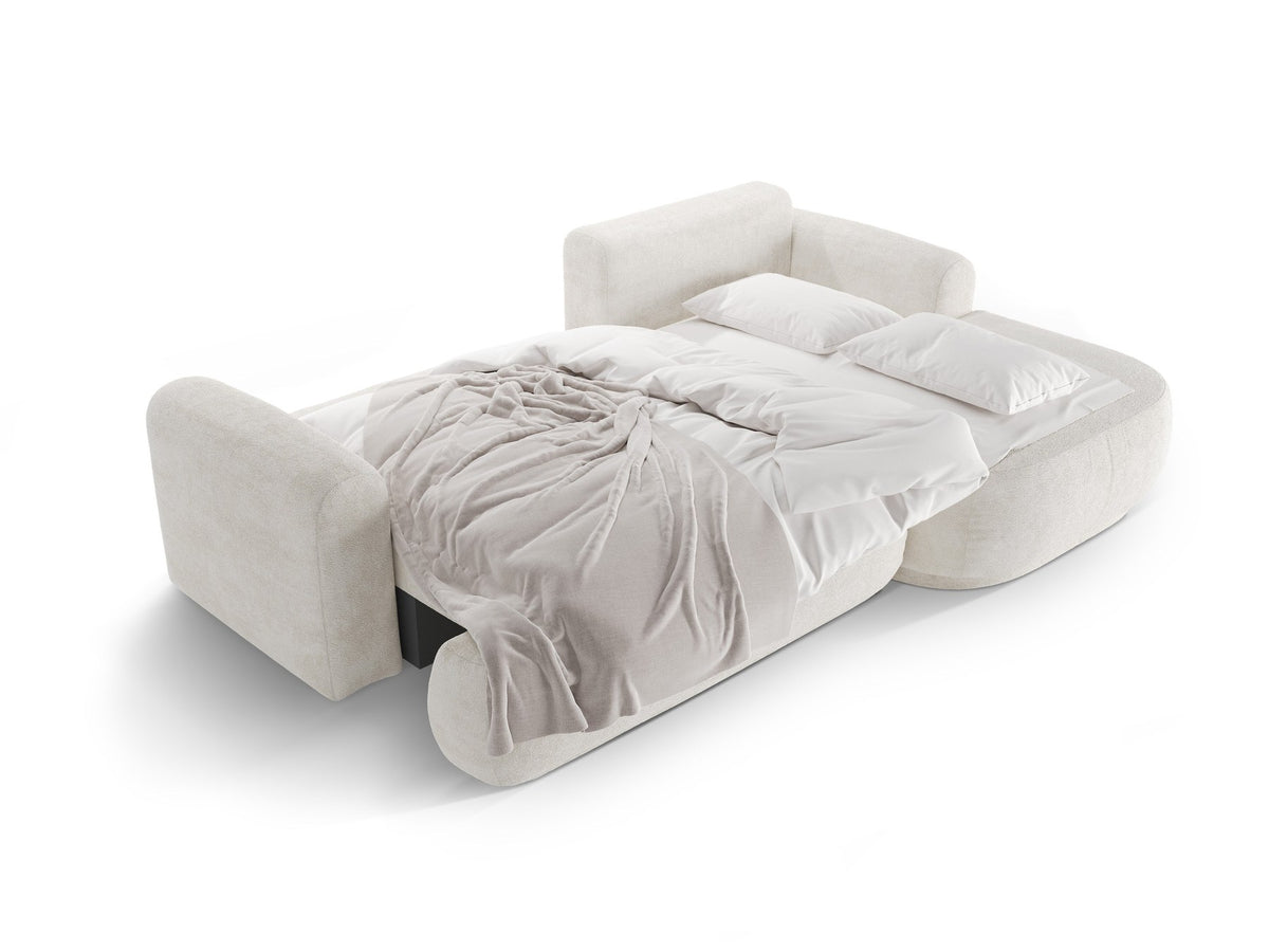 Ecksofa in Leichtes Beige mit Veloursbezug, ausgeklappter Bettfunktion, Stauraumfach und schwarzen Kunststoffbeinen von Micadoni.